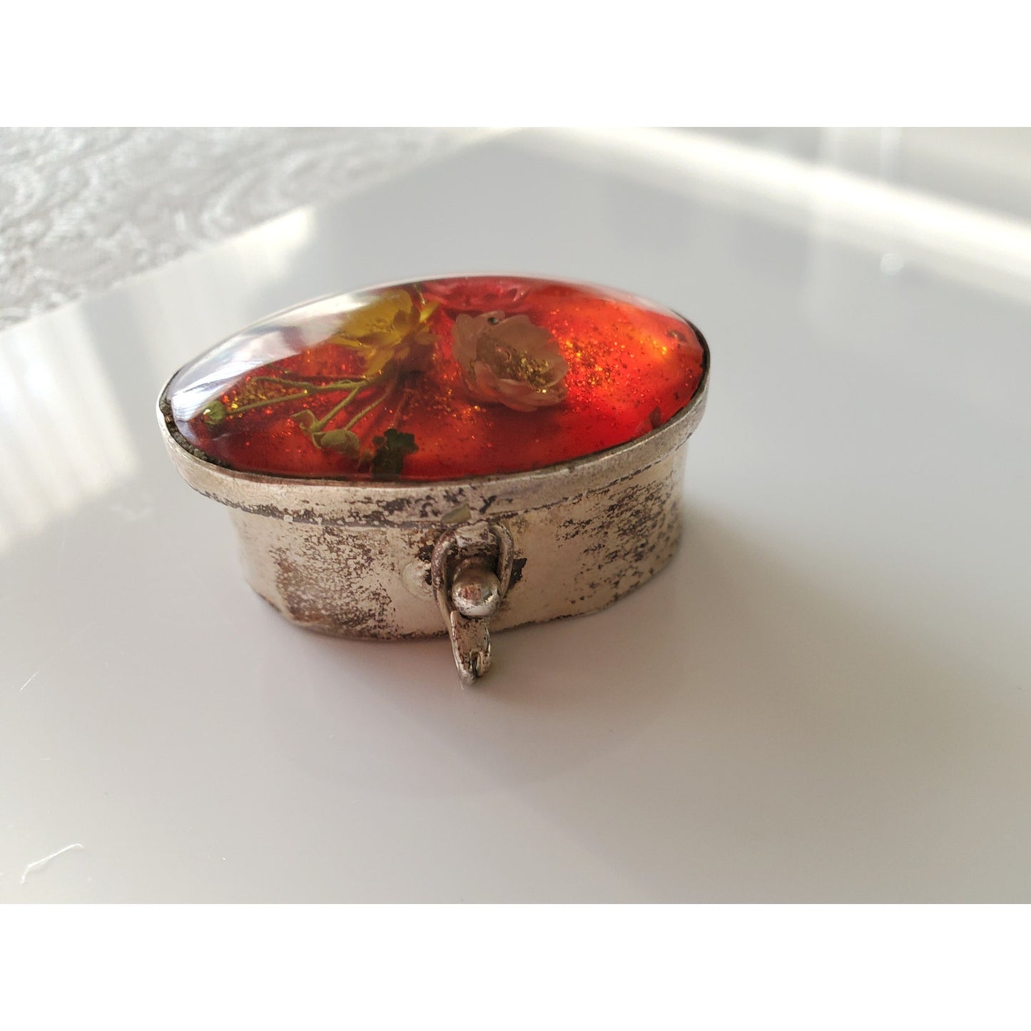 Vintage Sterling Silver Floral Lucite Pill Box