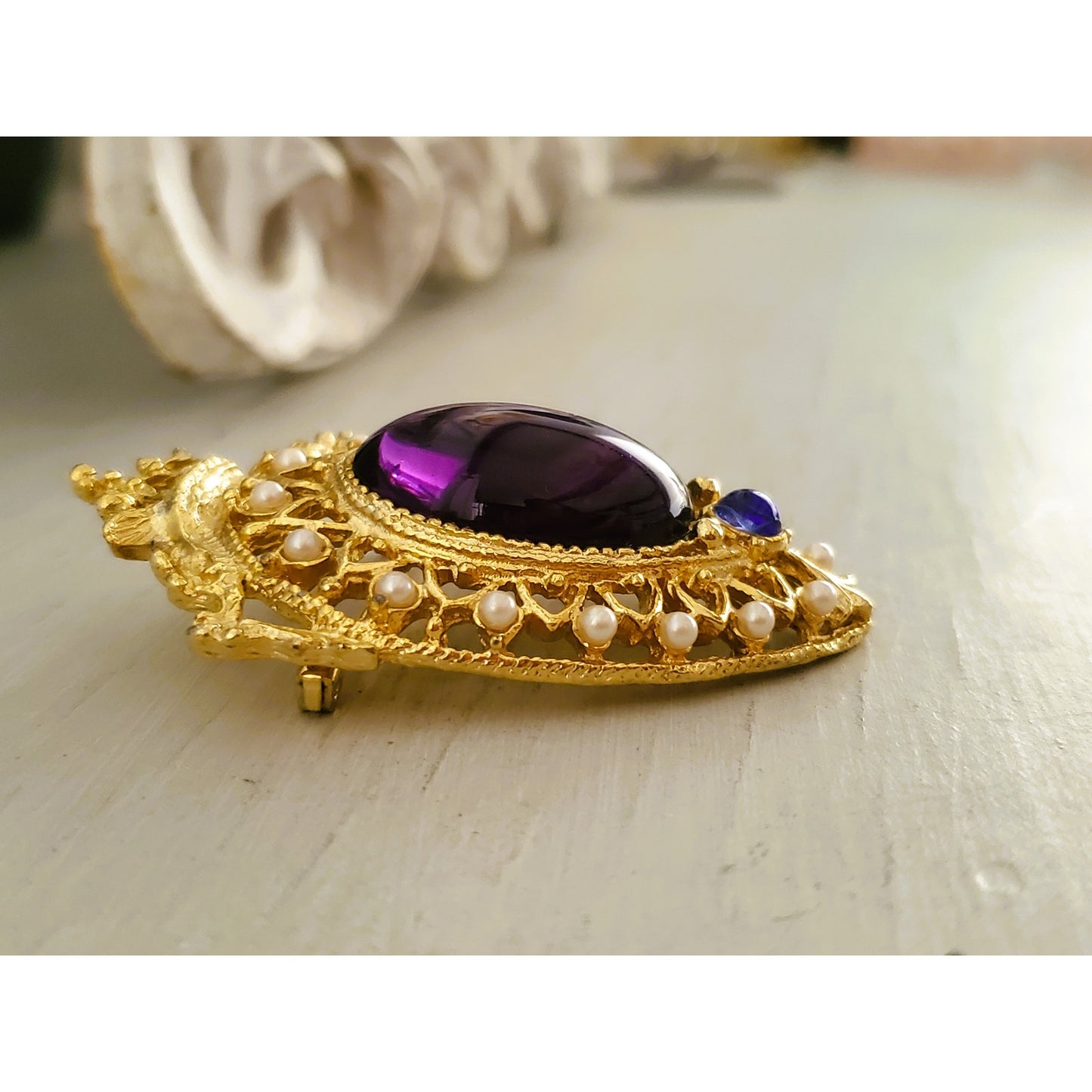 Vintage Purple Stone and Faux Pearl Crown Brooch