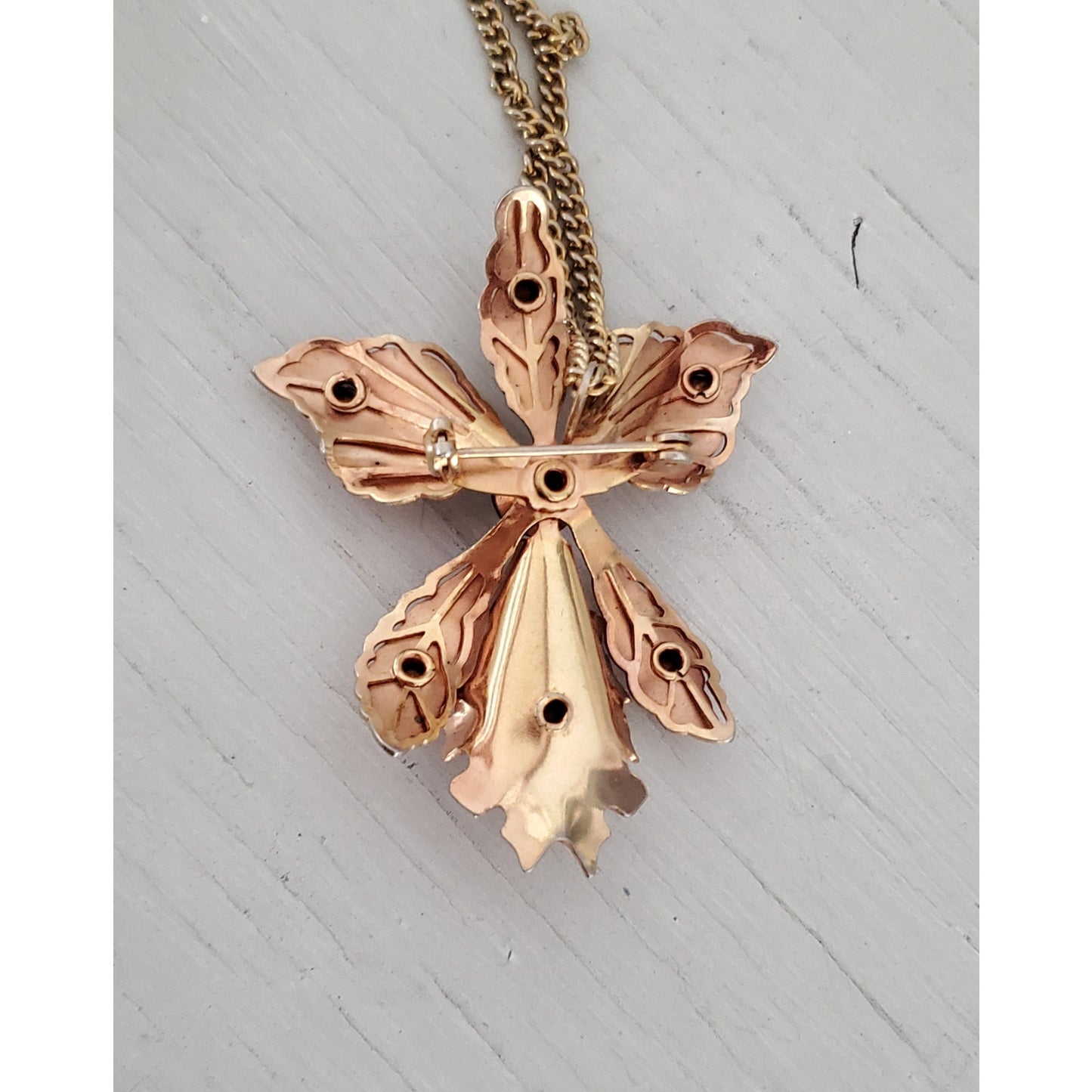 Bugbee and Niles Gold Tone and Purple Rhinestones Orchid Brooch Necklace