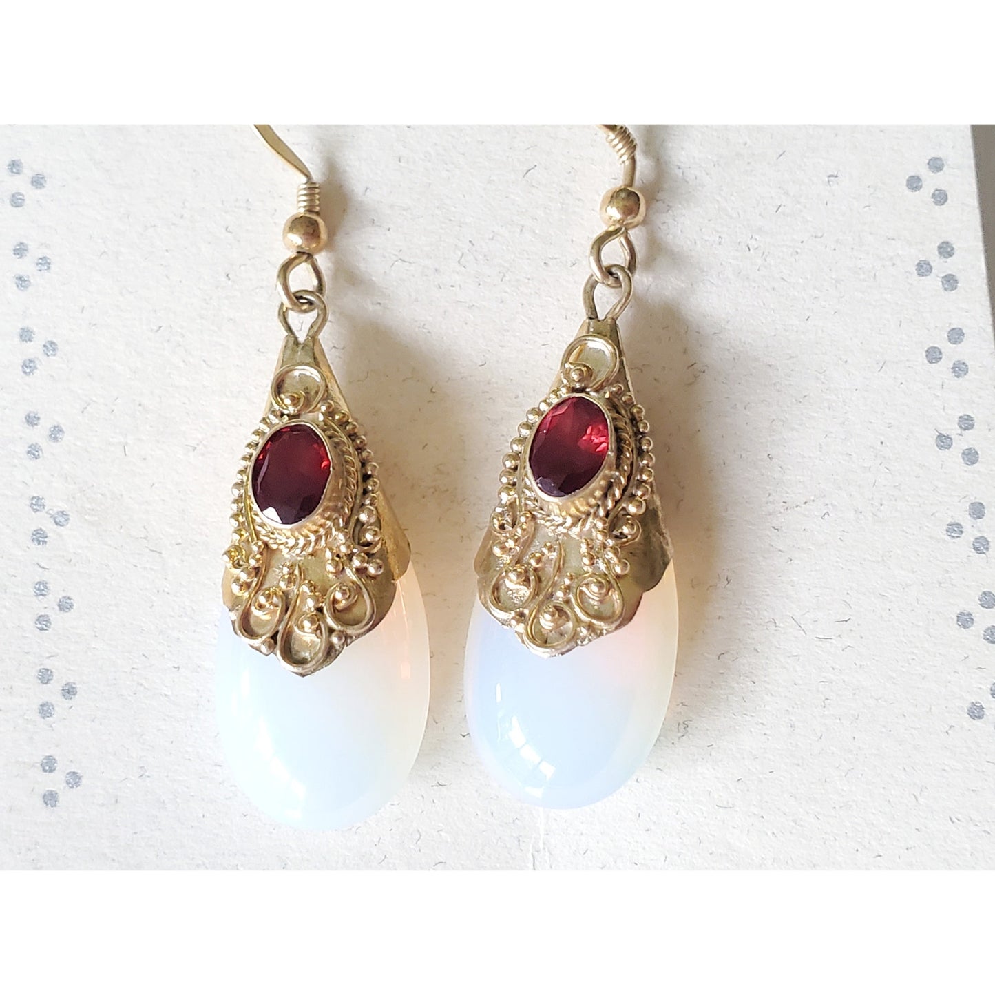 Vintage Sterling Silver Opaline Garnet Dangle Earrings by Harry Haslett