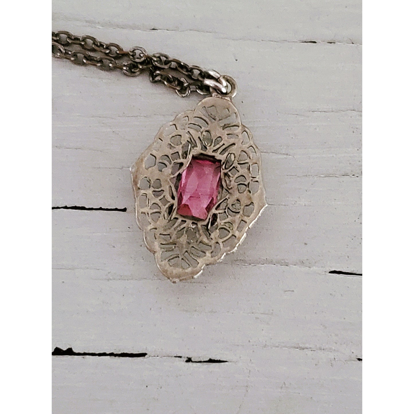 Antique Art Deco Pink Stone Filigree Child Size Necklace