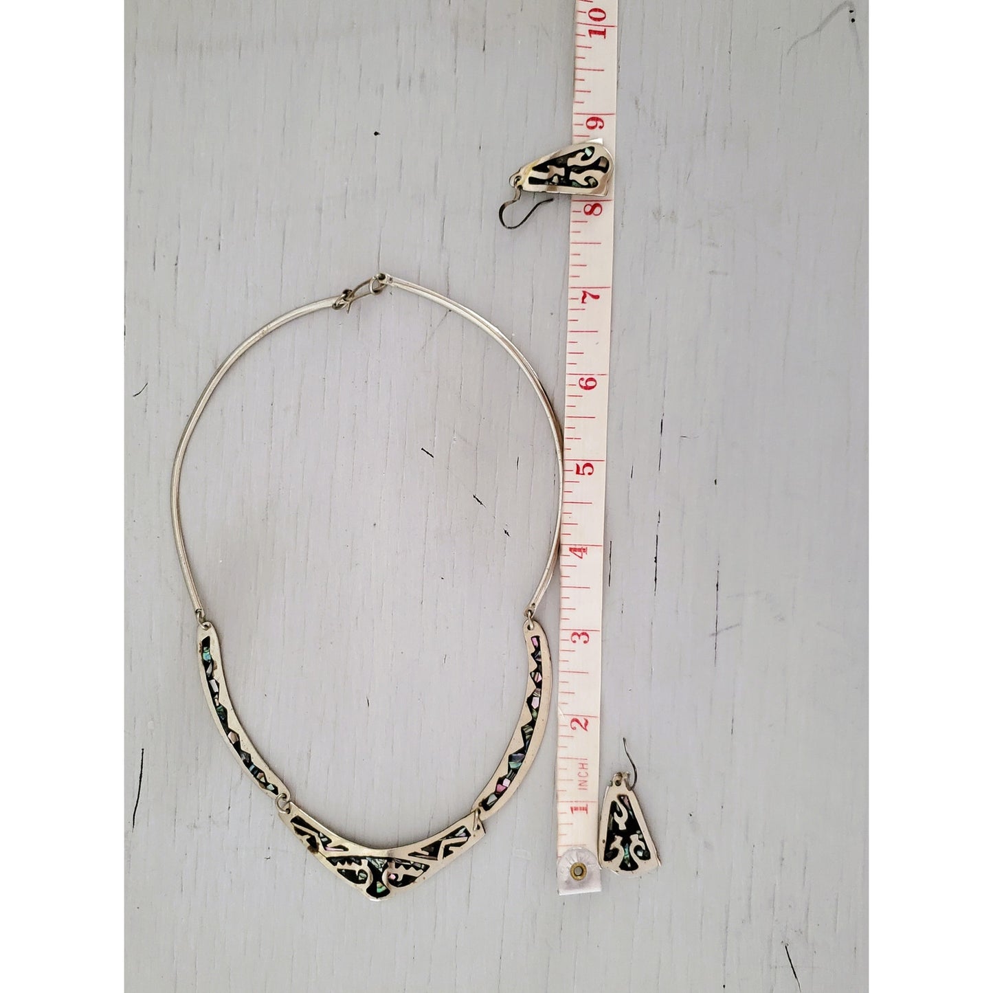 Vintage Silver Alpaca Mexican Abalone Inlay Necklace and Earring Jewelry Set