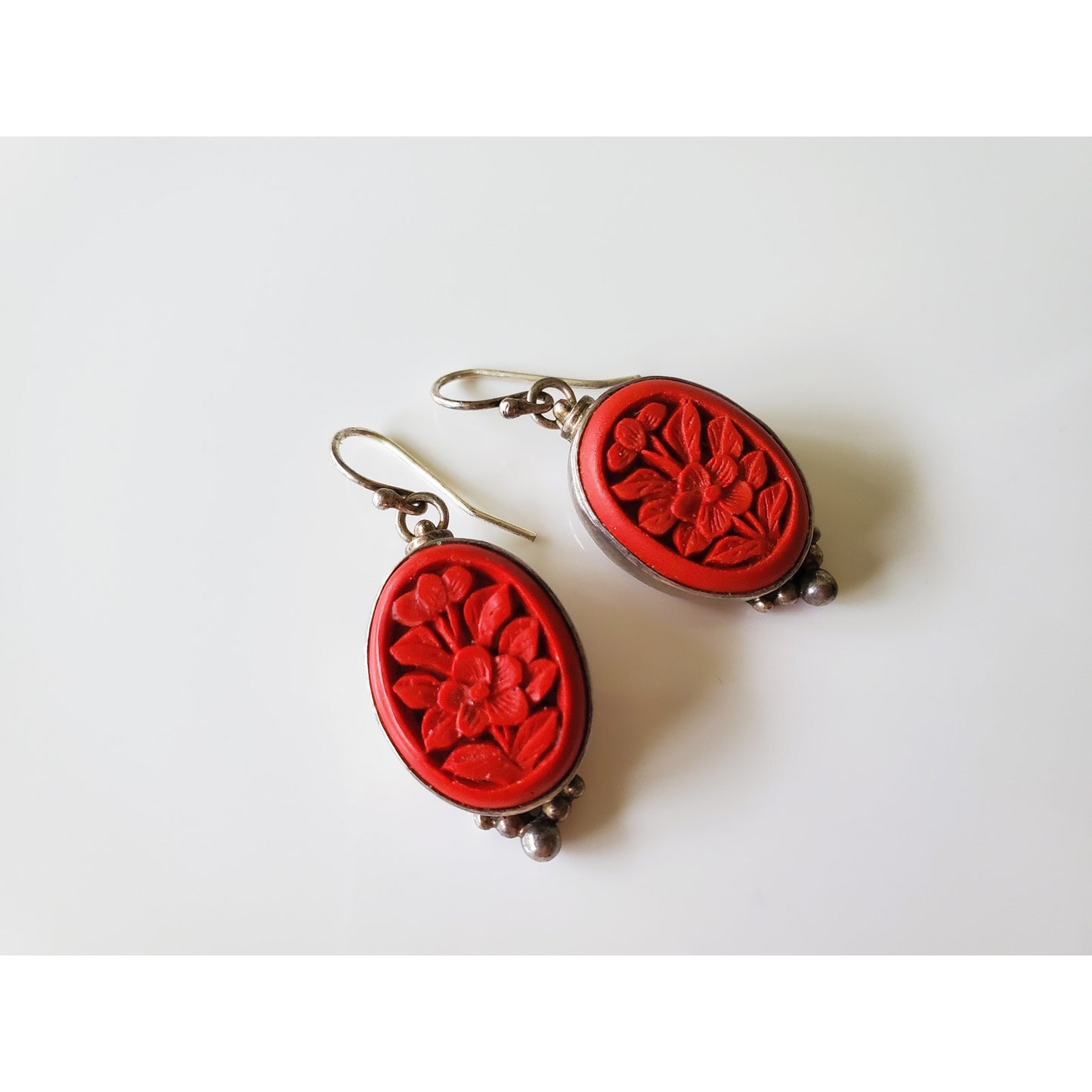 Vintage Sterling Silver Cinnabar Red Dangle Earrings