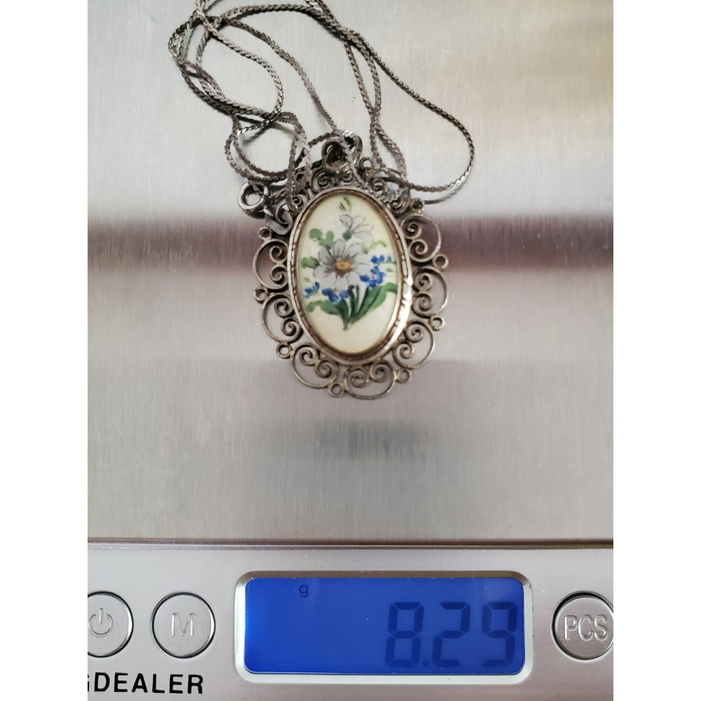 Vintage Sterling Silver Porcelain Floral Pendant Necklace