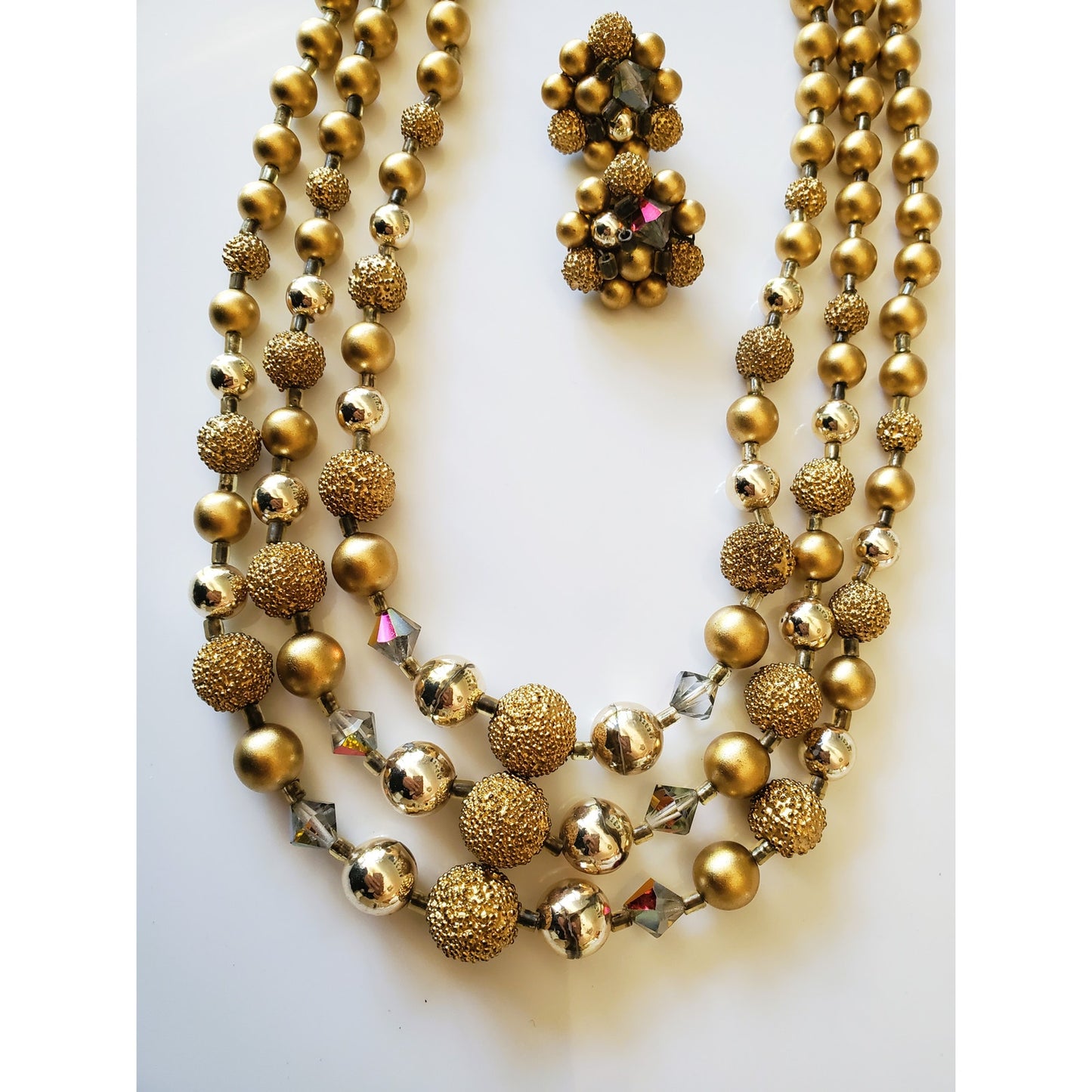 Vintage Japan Multi Tier Gold Tone Necklace and Earring Set
