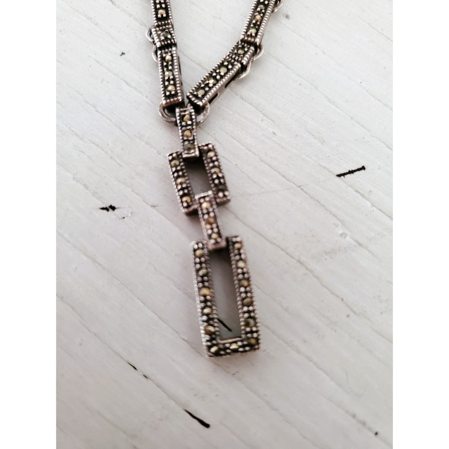 Modernist Sterling Silver Marcasite Lariat Necklace