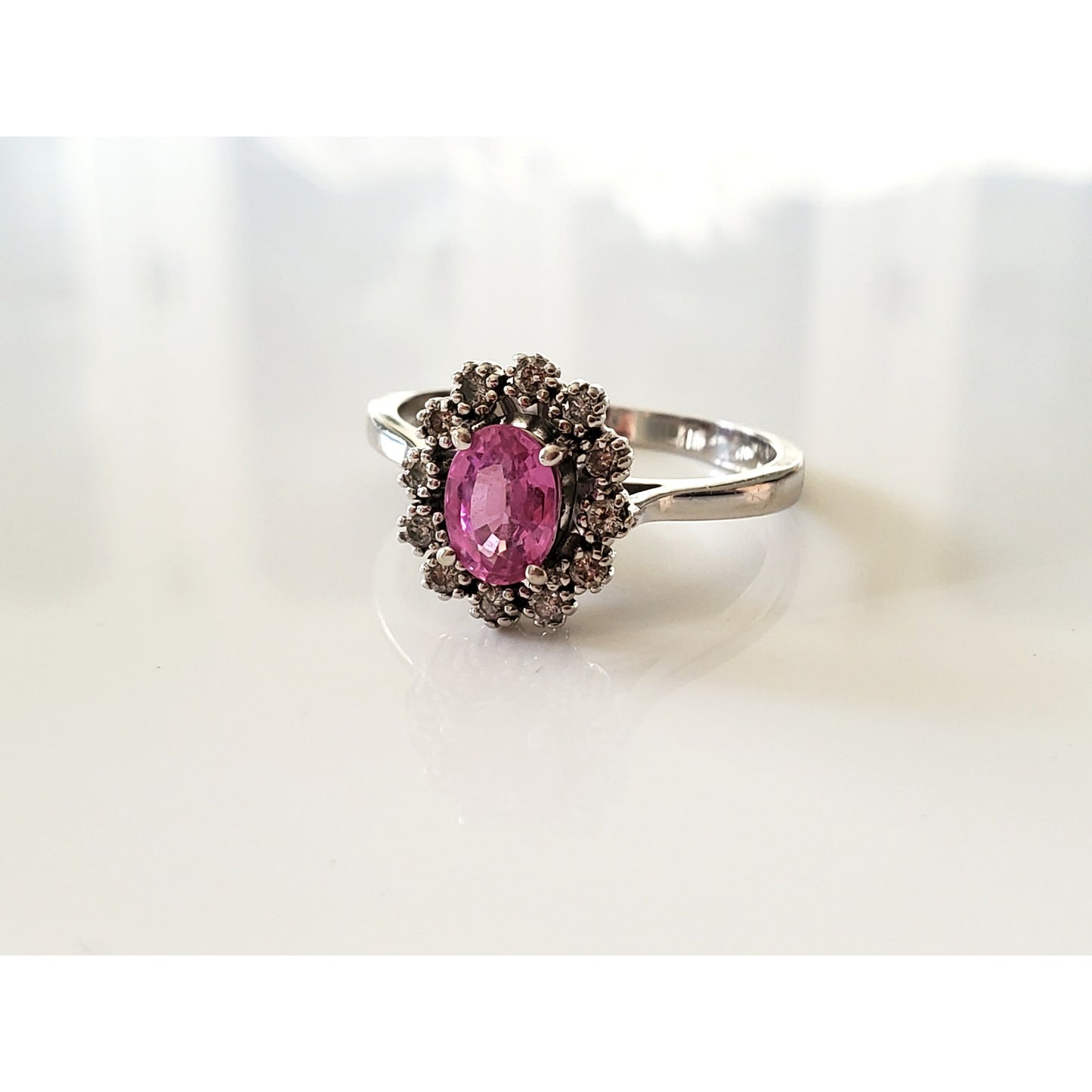 Vintage 14K White Gold Pink Ice and Diamond Halo Ring