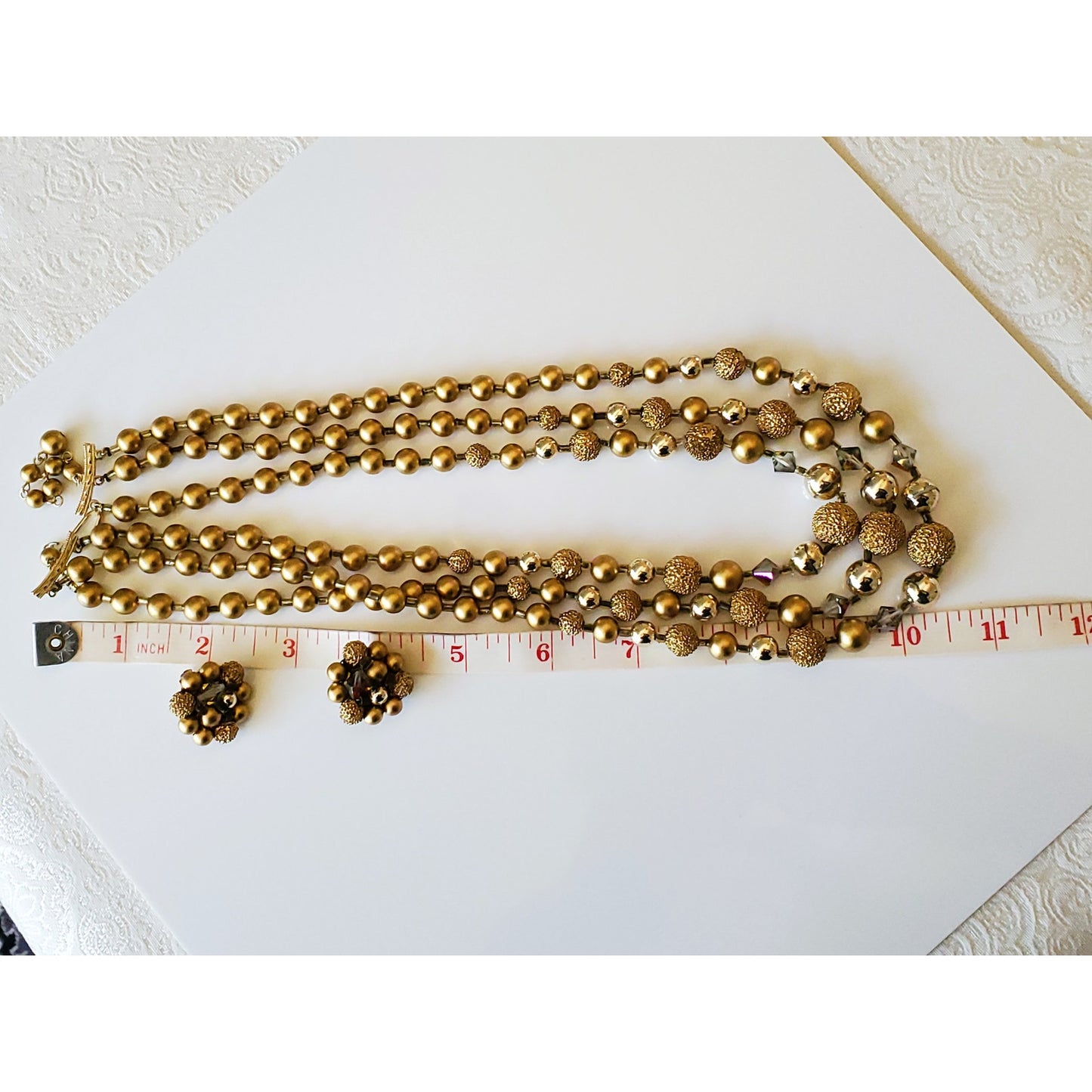 Vintage Japan Multi Tier Gold Tone Necklace and Earring Set