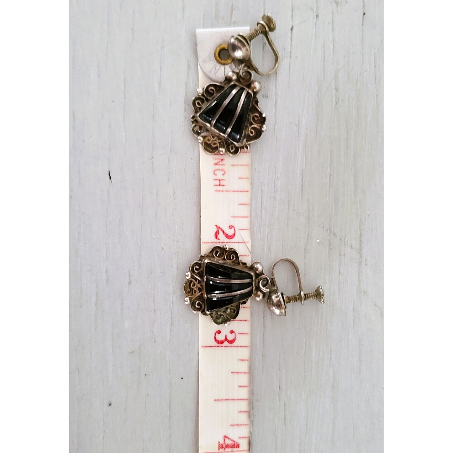 Vintage Sterling Silver Onyx Dangle Screw On Earrings