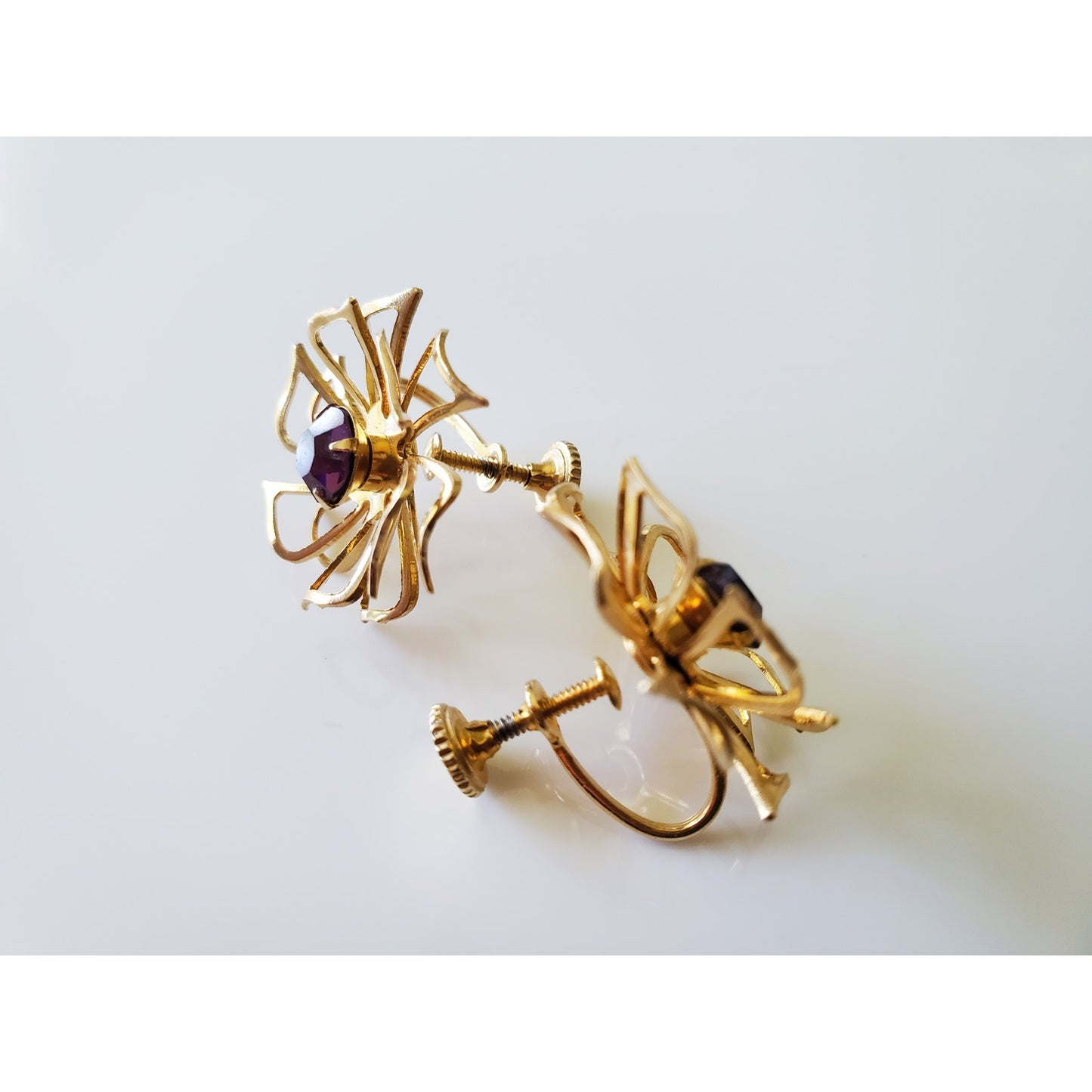 Vintage Gold Tone Dark Purple Stone Floral Brooch and Earring Set