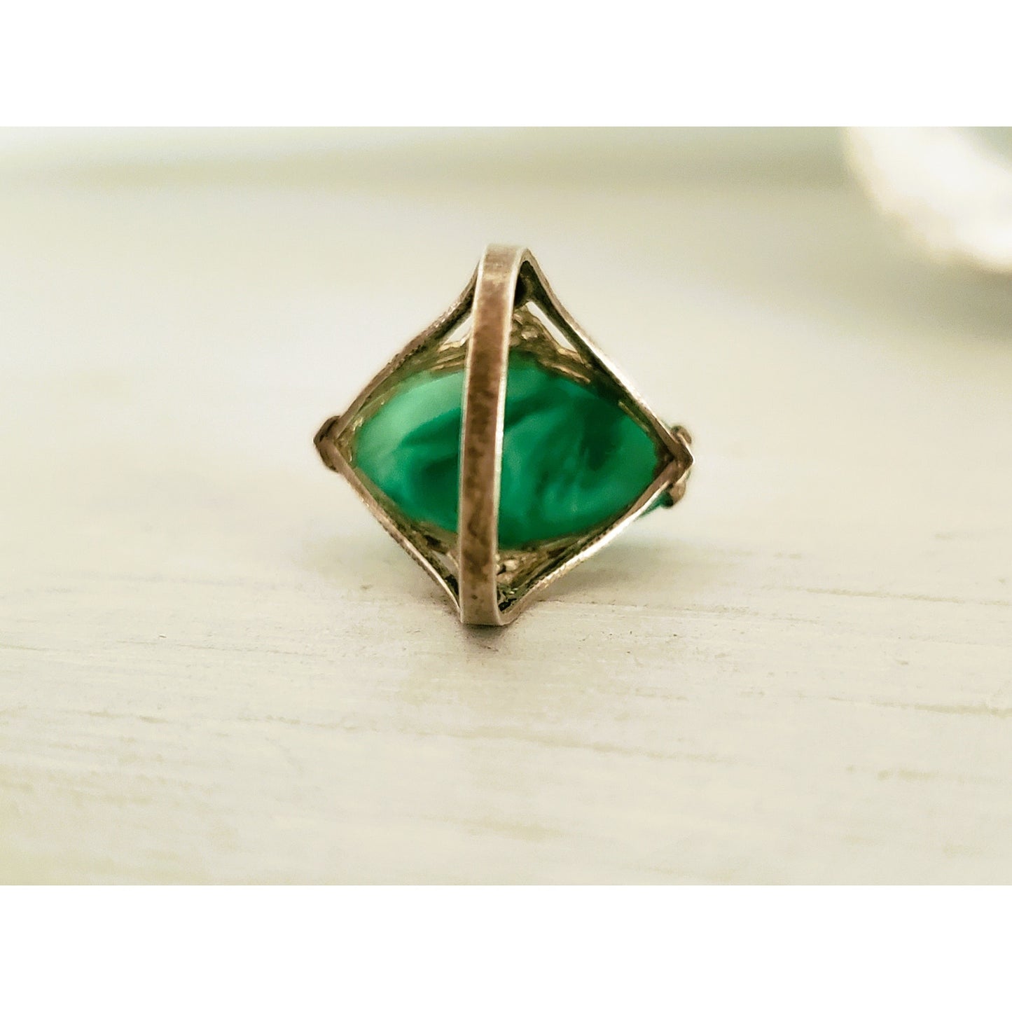 Vintage Sterling Silver FIligree Peking Glass Pinky Ring
