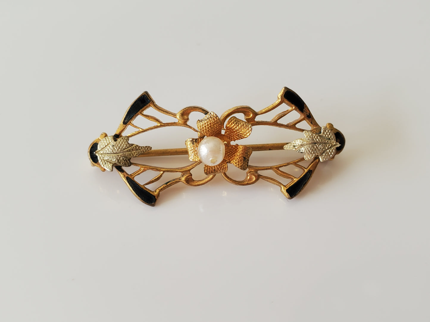 Vintage Small Delicate Black Enamel and Faux Pearl Pin Brooch
