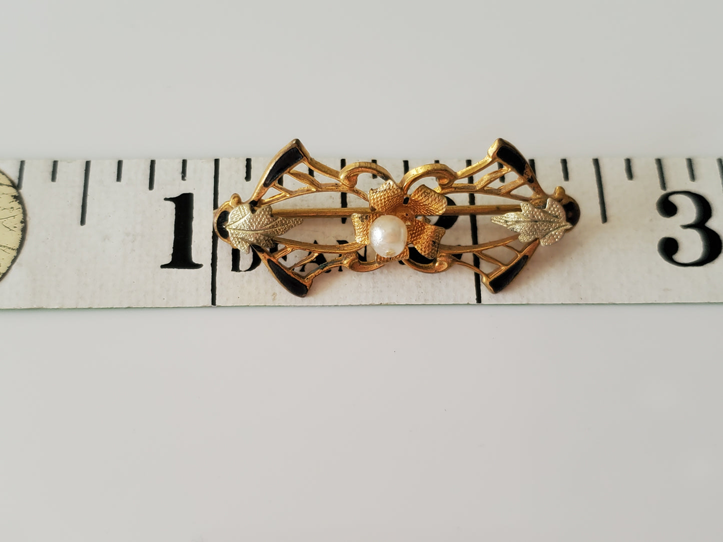 Vintage Small Delicate Black Enamel and Faux Pearl Pin Brooch