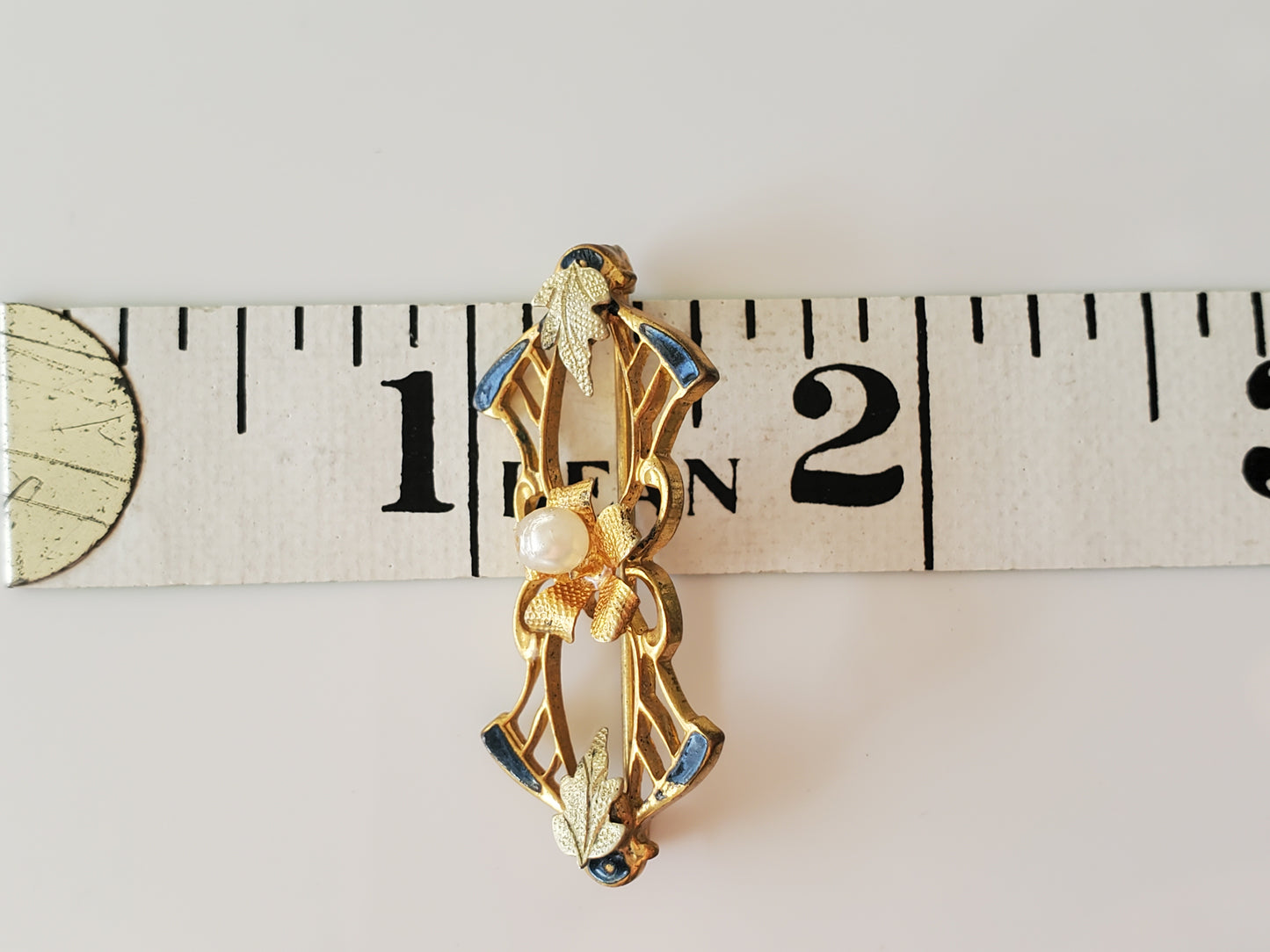 Vintage Small Delicate Black Enamel and Faux Pearl Pin Brooch