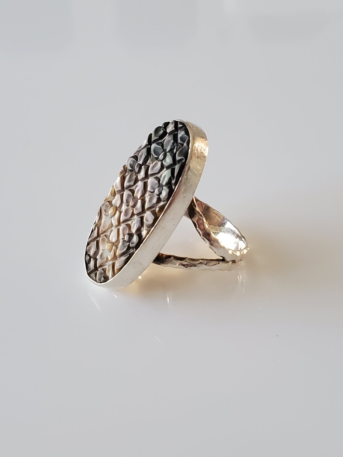 Lori Bonn Designer Mother of Pearl Floral Navette Sterling Silver Ring