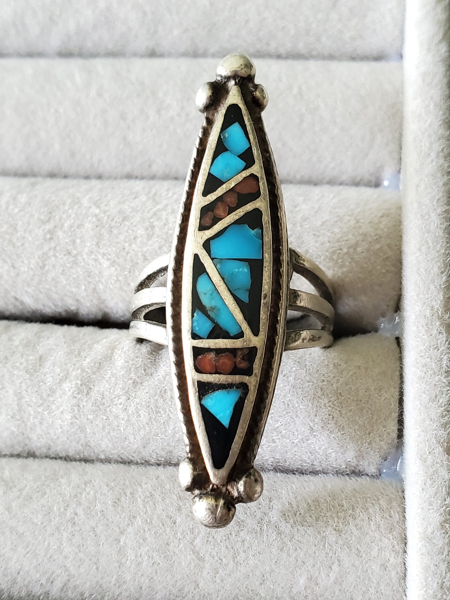 Vintage Navajo Sterling Silver Crushed Turquoise and Coral Inlay Elongated Ring