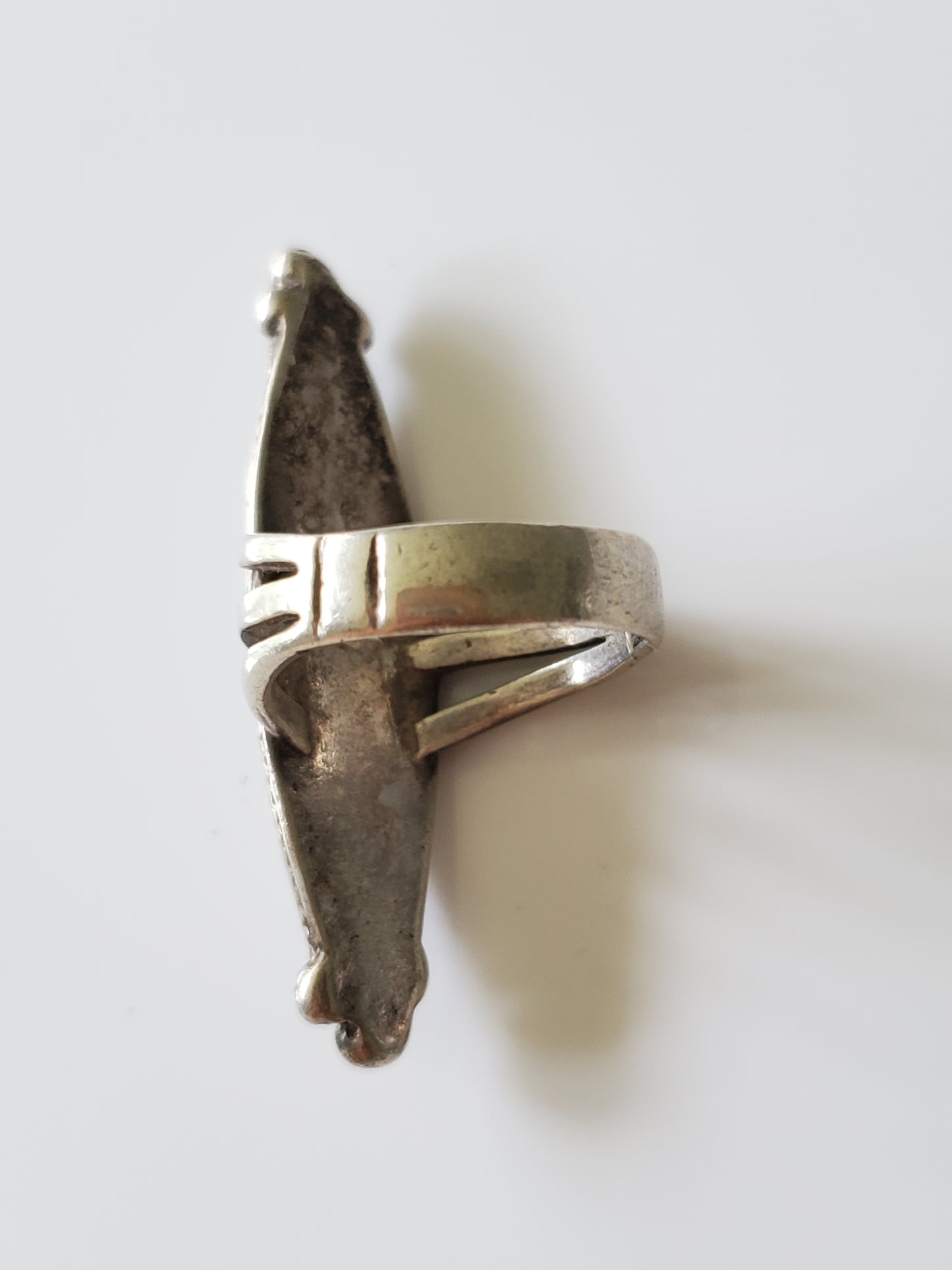 Vintage Navajo Sterling Silver Crushed Turquoise and Coral Inlay Elongated Ring