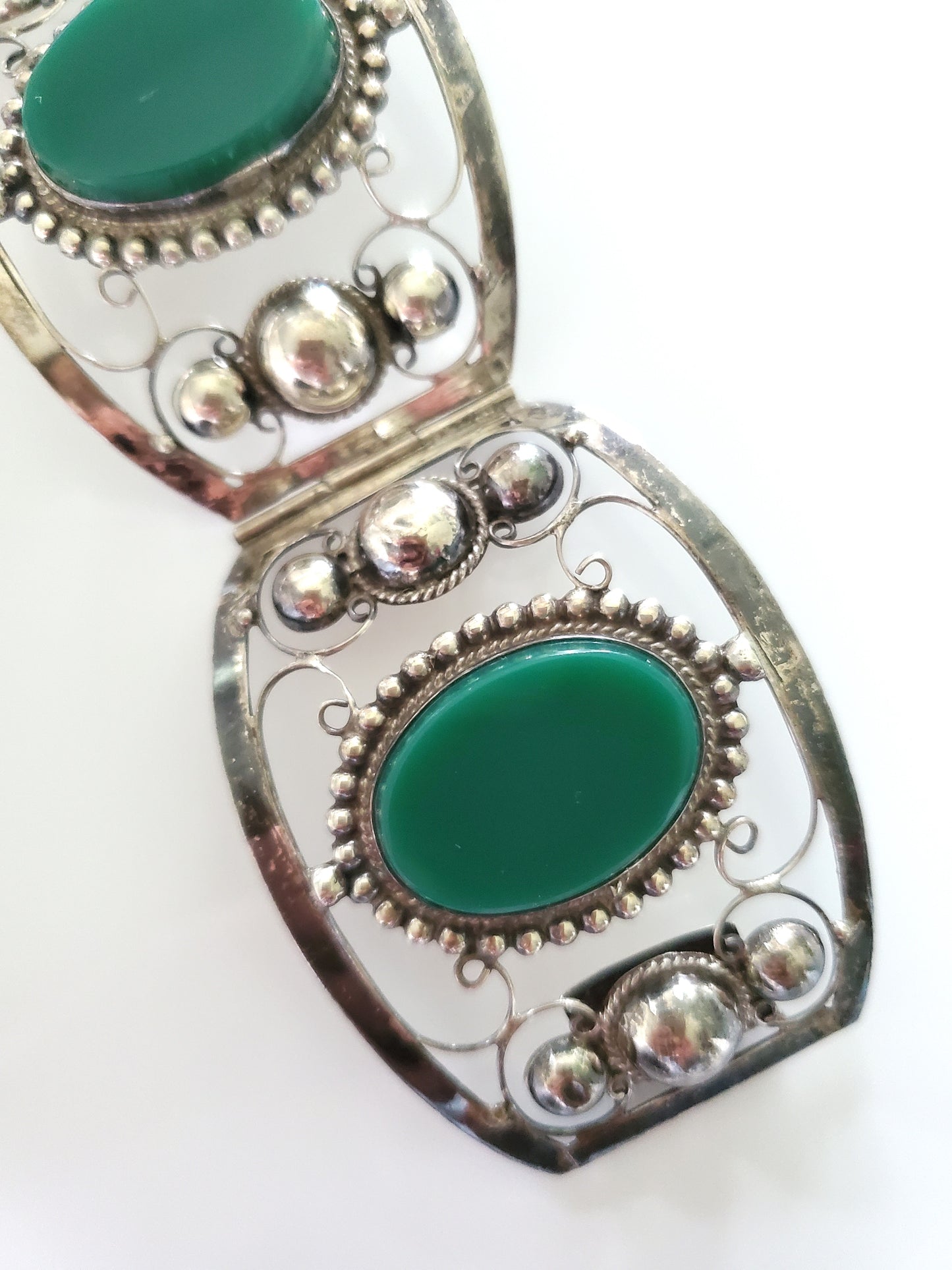 Vintage Three Panel Filigree Green Jade Sterling Silver Bracelet