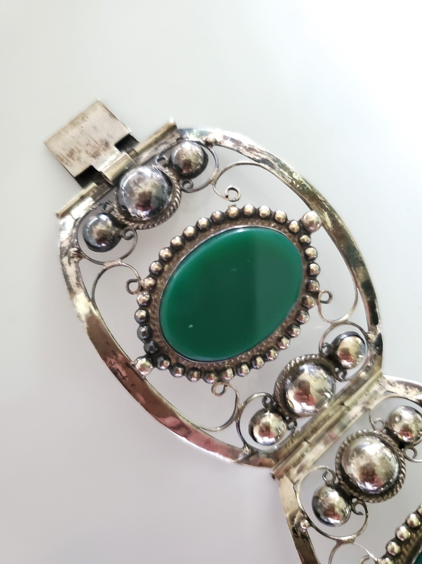 Vintage Three Panel Filigree Green Jade Sterling Silver Bracelet