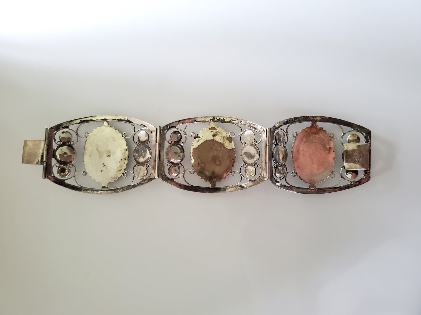 Vintage Three Panel Filigree Green Jade Sterling Silver Bracelet
