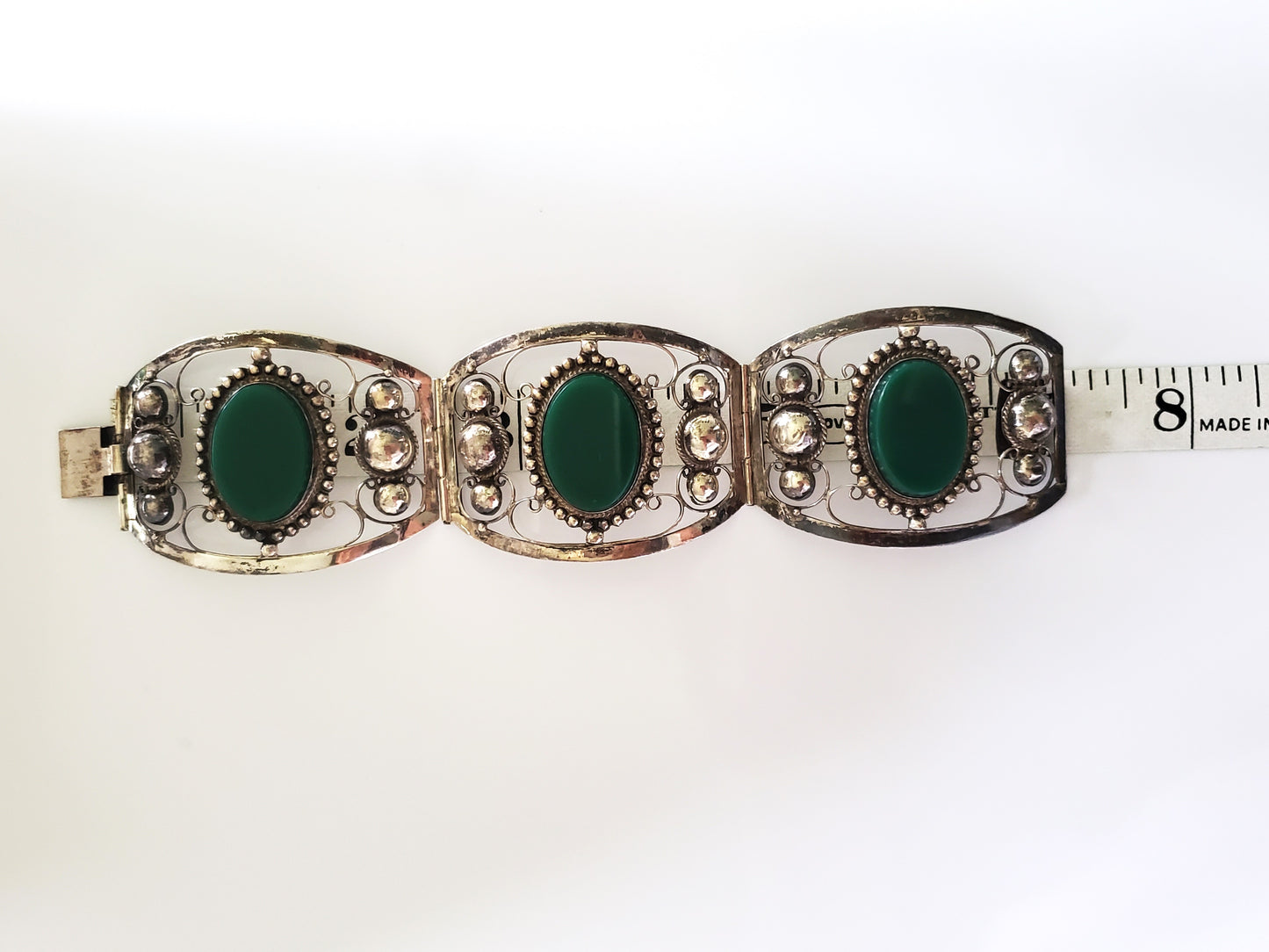 Vintage Three Panel Filigree Green Jade Sterling Silver Bracelet