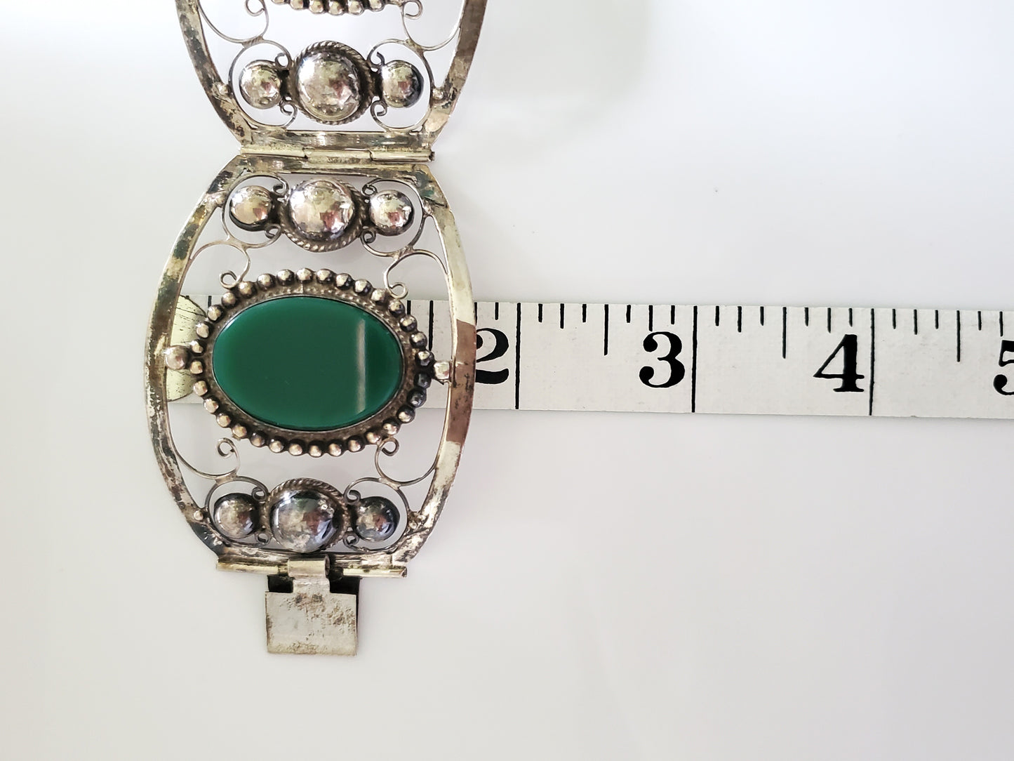 Vintage Three Panel Filigree Green Jade Sterling Silver Bracelet