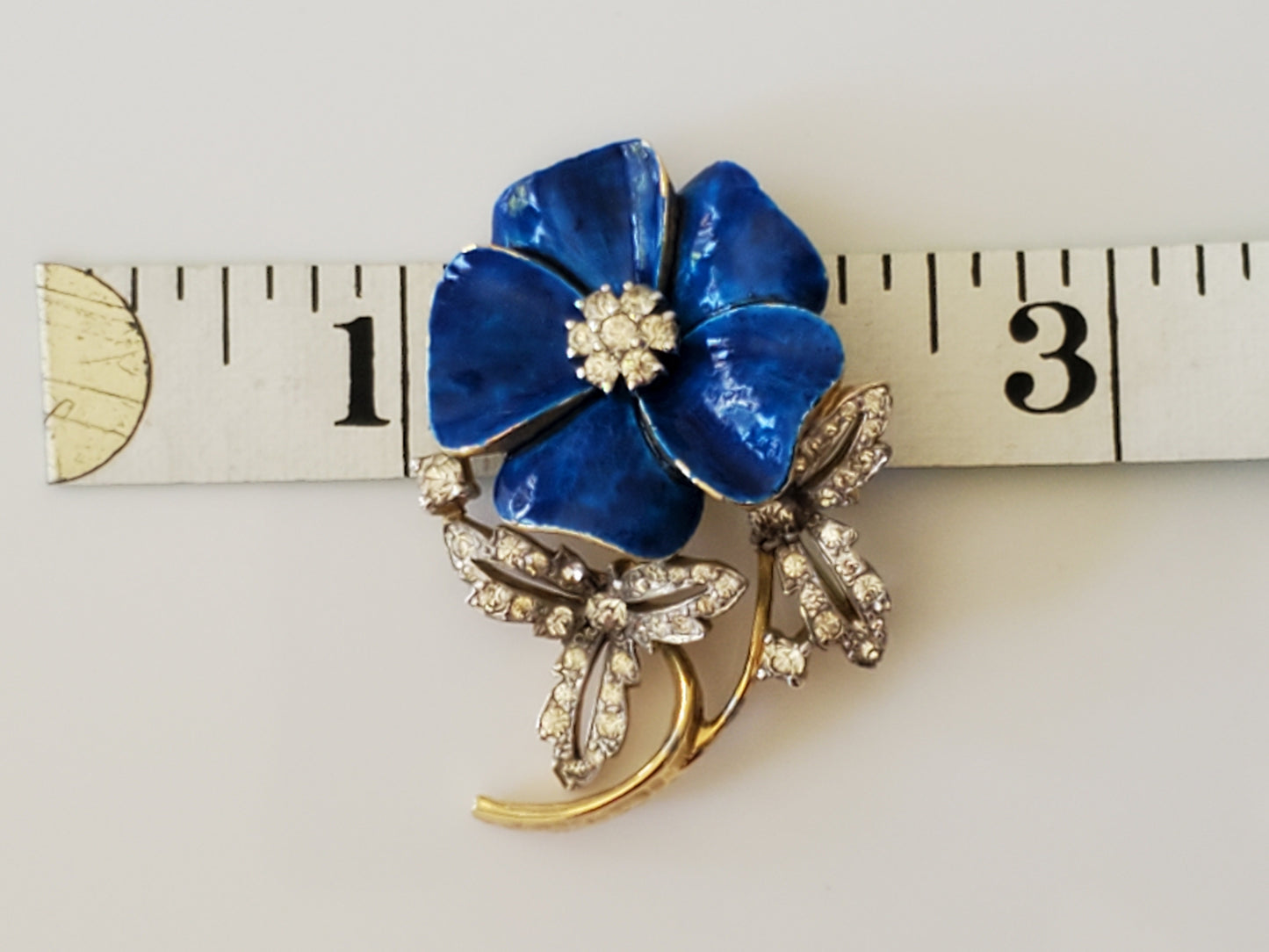 Vintage Jomaz Designer Blue Enamel and Rhinestone Pansy Brooch Pin