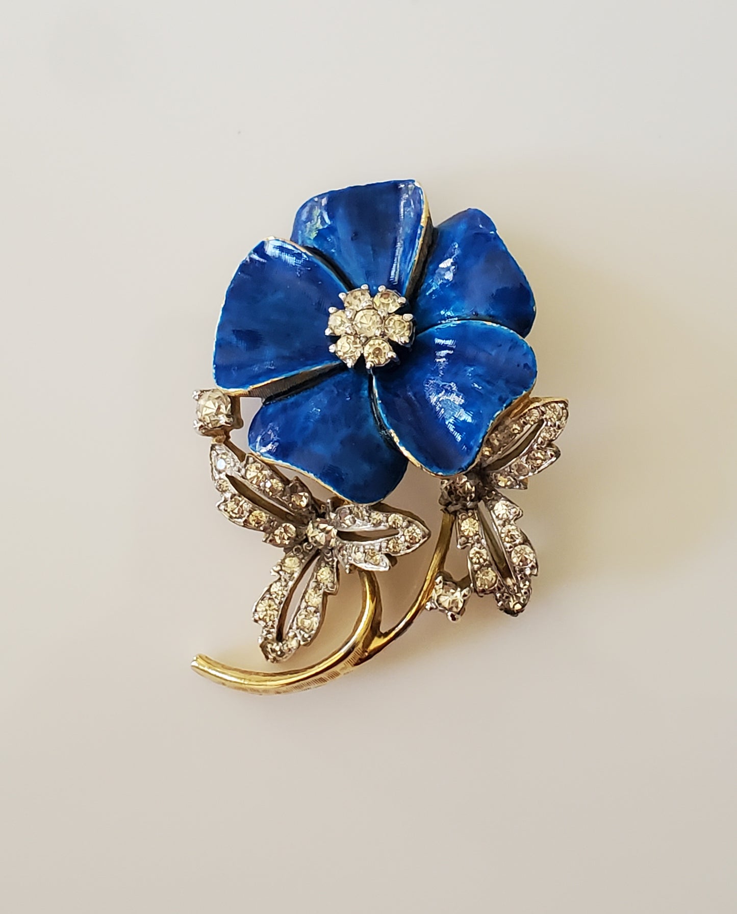 Vintage Jomaz Designer Blue Enamel and Rhinestone Pansy Brooch Pin