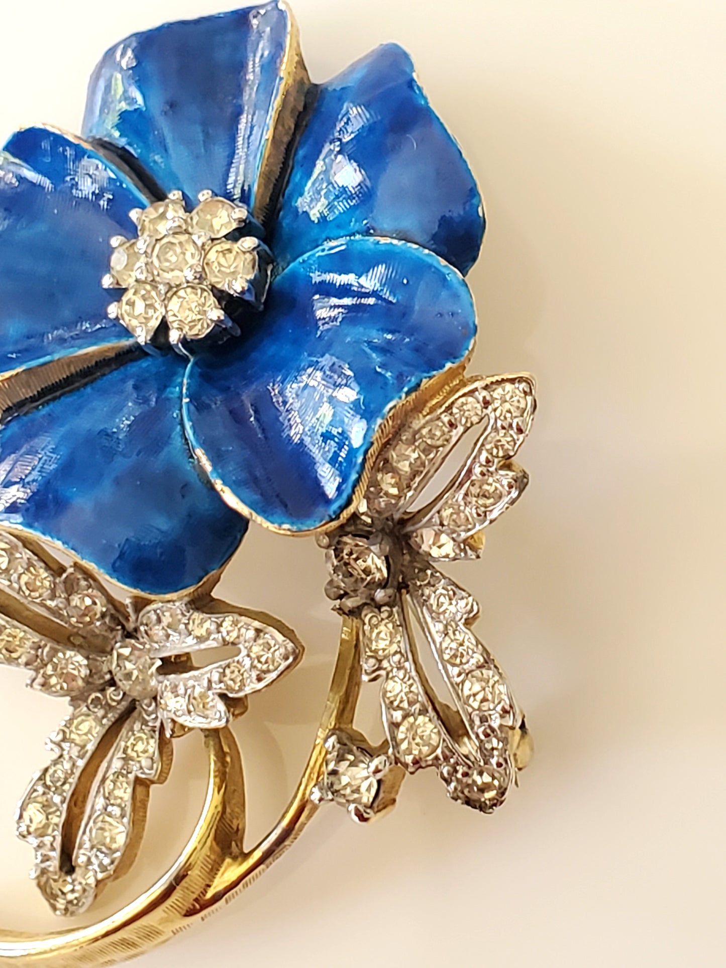 Vintage Jomaz Designer Blue Enamel and Rhinestone Pansy Brooch Pin