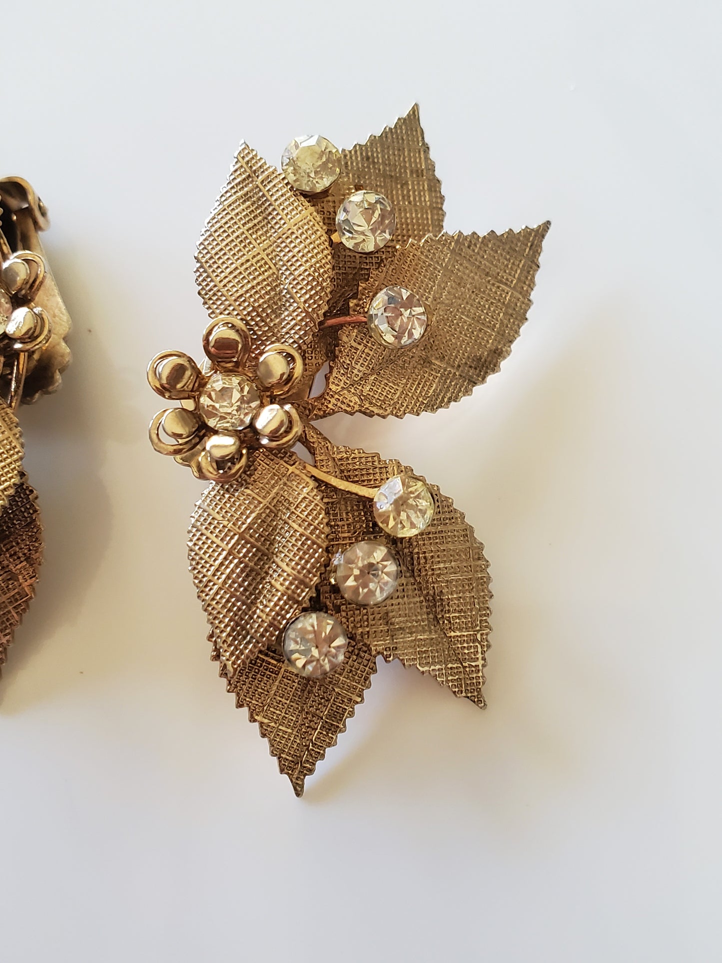 Vintage Mid-Century Textured Leaf Rhinestone Clip-On Earrings