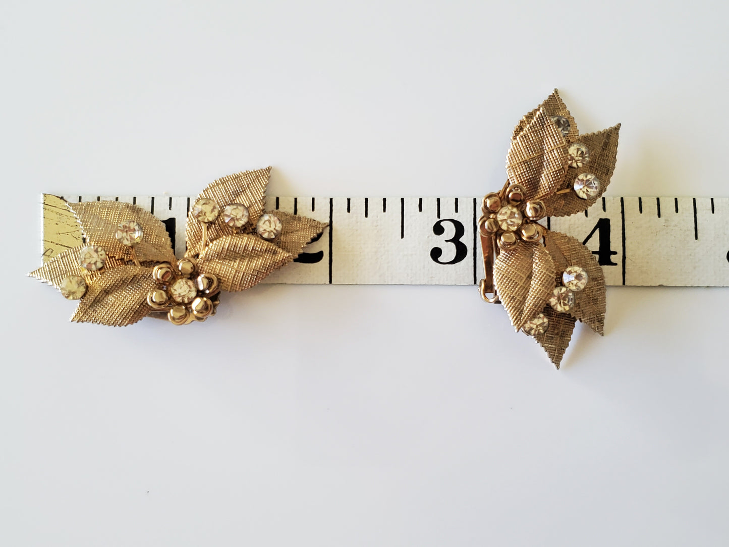 Vintage Mid-Century Textured Leaf Rhinestone Clip-On Earrings
