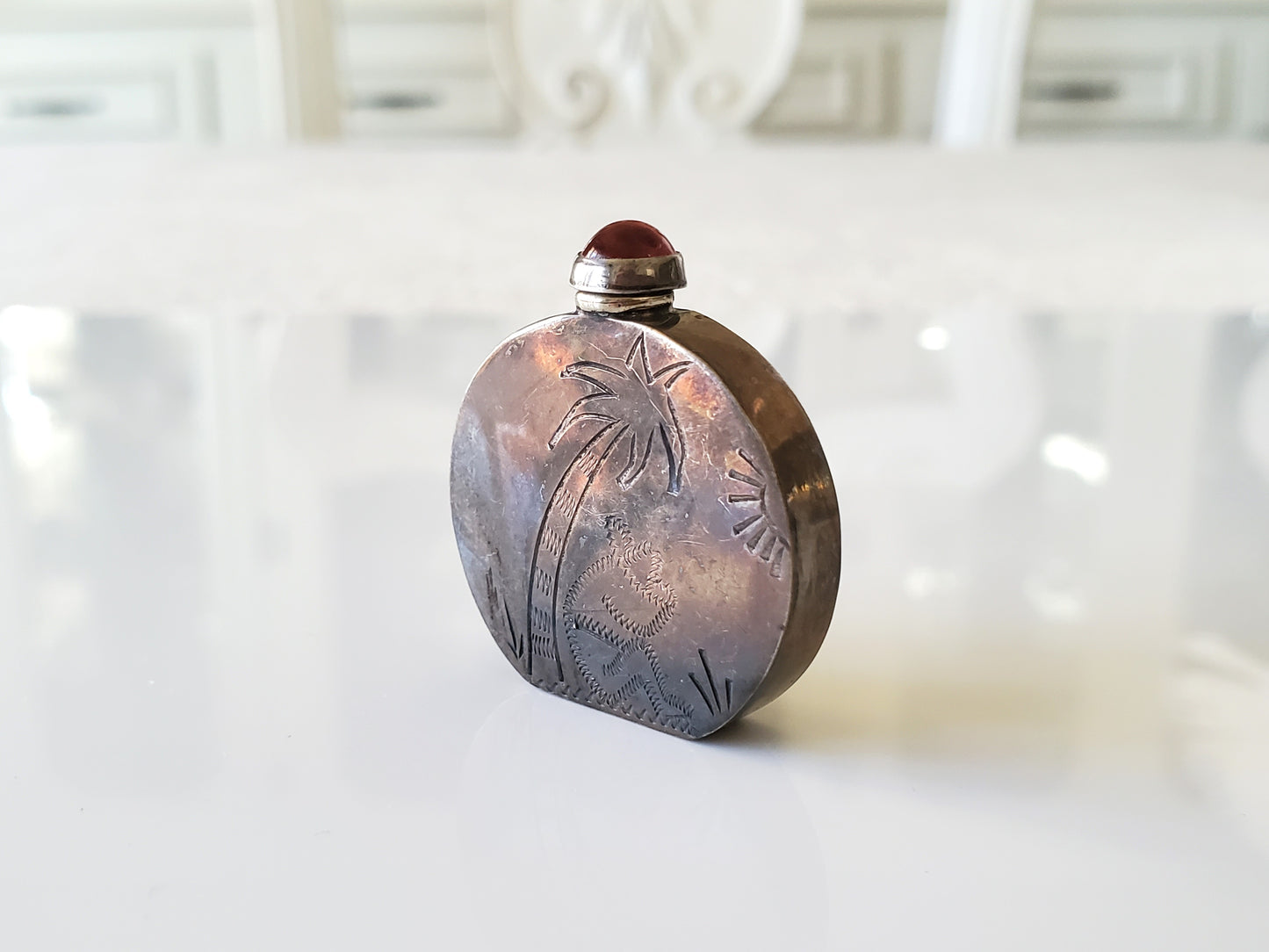 Vintage 1960's Mexican Sterling Silver Engraved Mini Perfume Bottle with Red Gemstone