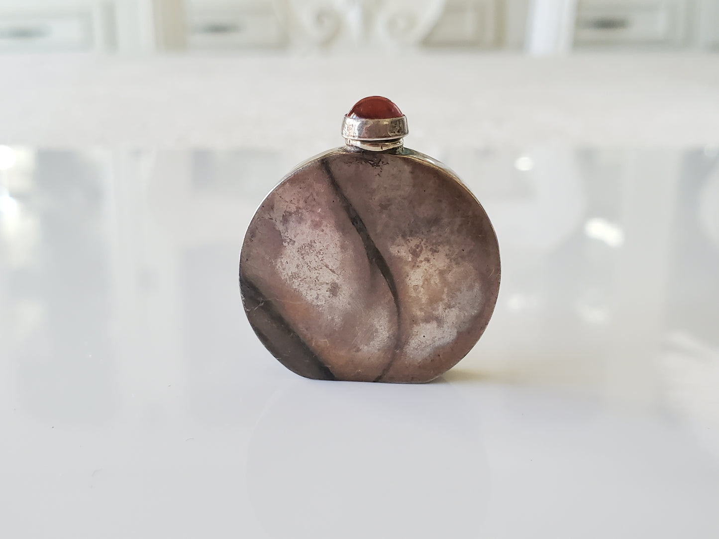 Vintage 1960's Mexican Sterling Silver Engraved Mini Perfume Bottle with Red Gemstone