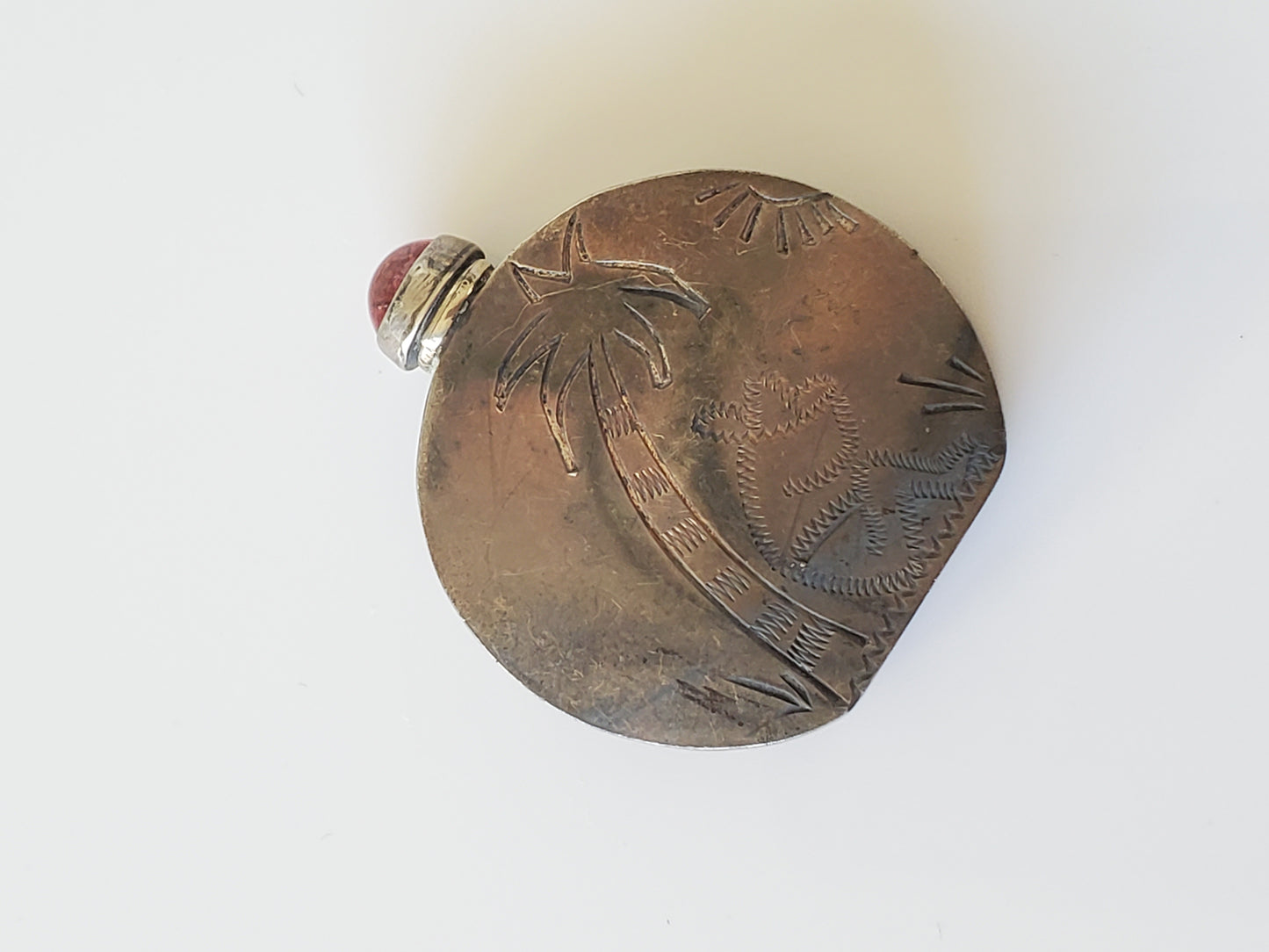Vintage 1960's Mexican Sterling Silver Engraved Mini Perfume Bottle with Red Gemstone