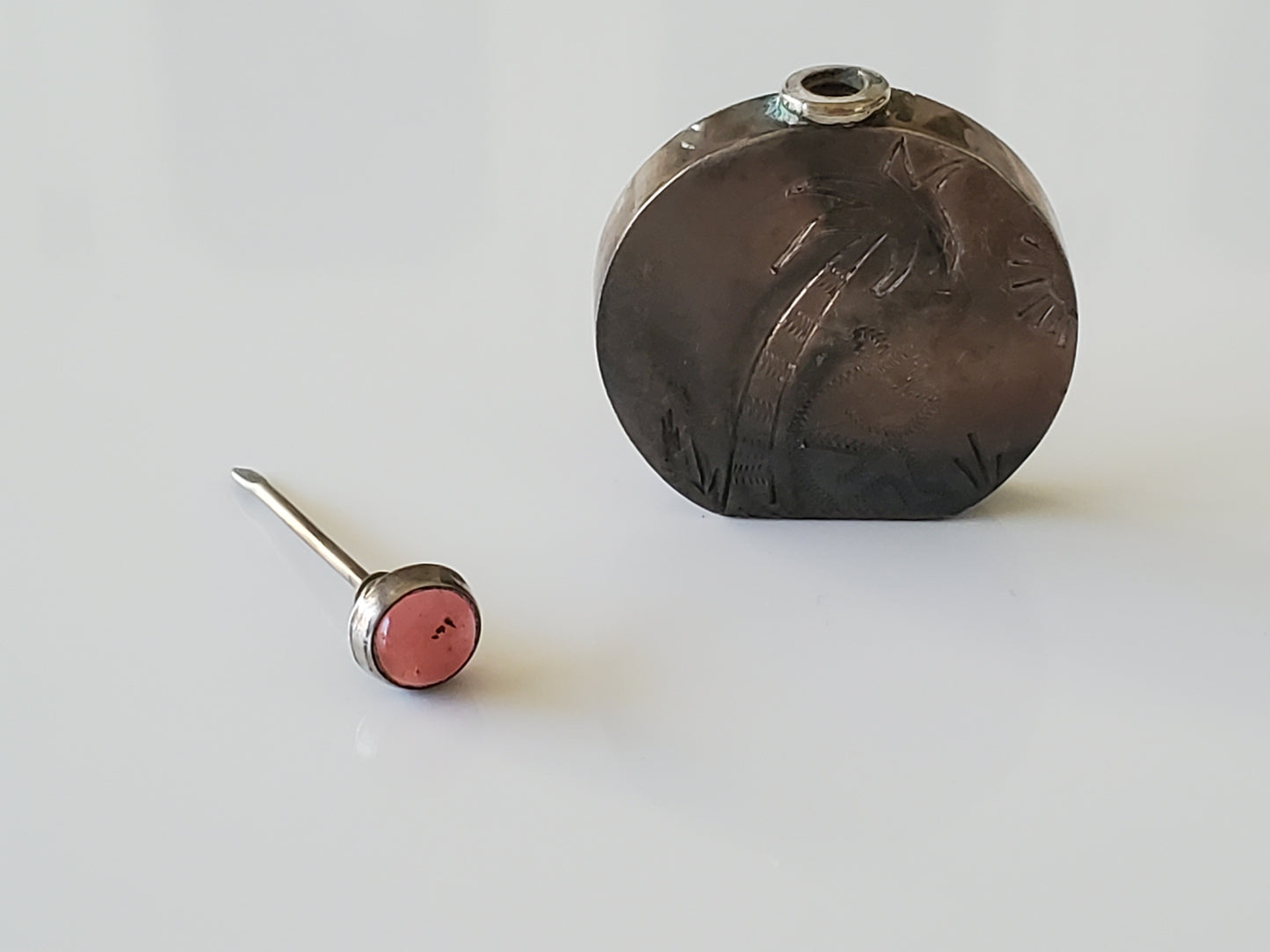 Vintage 1960's Mexican Sterling Silver Engraved Mini Perfume Bottle with Red Gemstone
