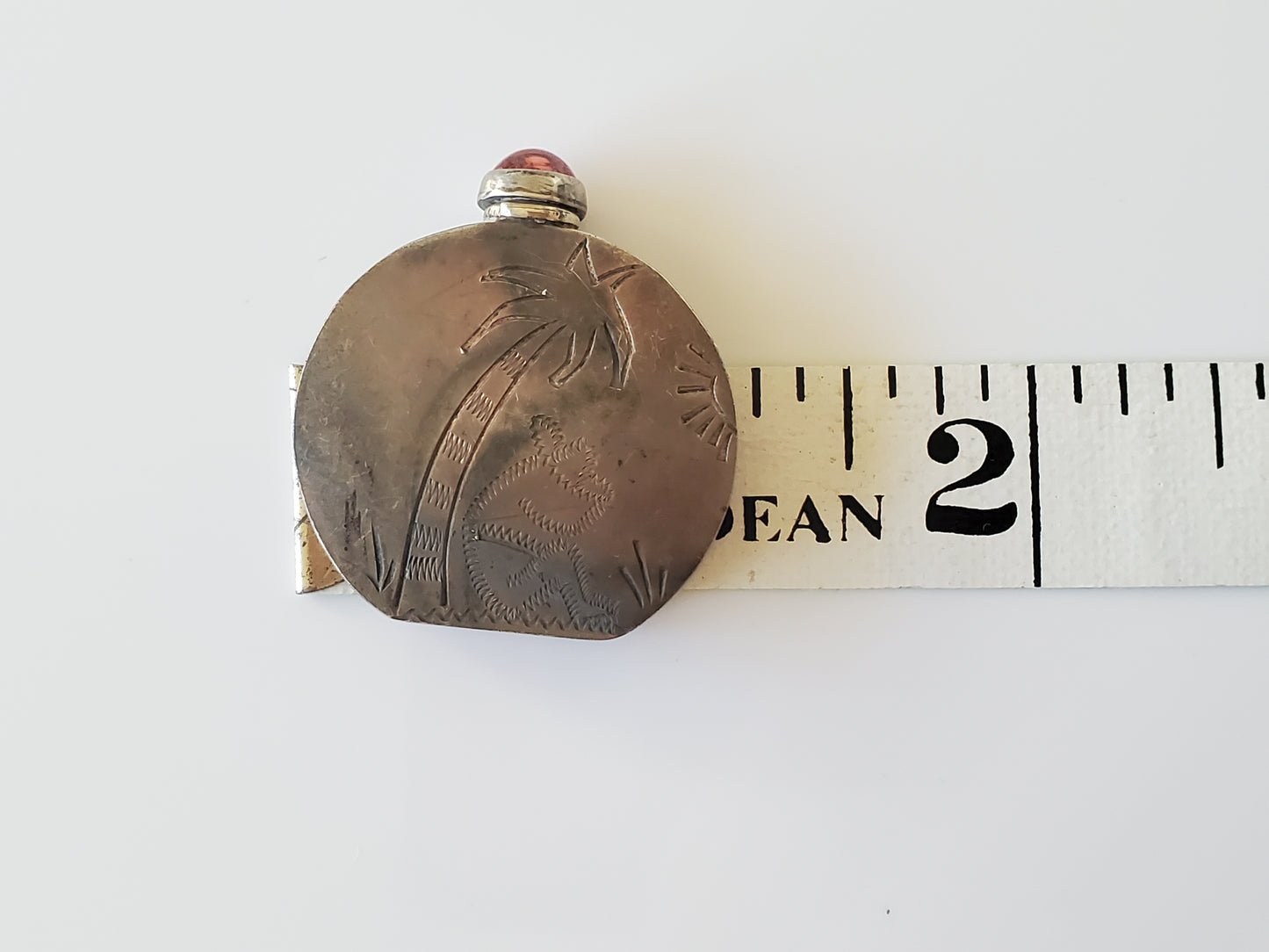 Vintage 1960's Mexican Sterling Silver Engraved Mini Perfume Bottle with Red Gemstone