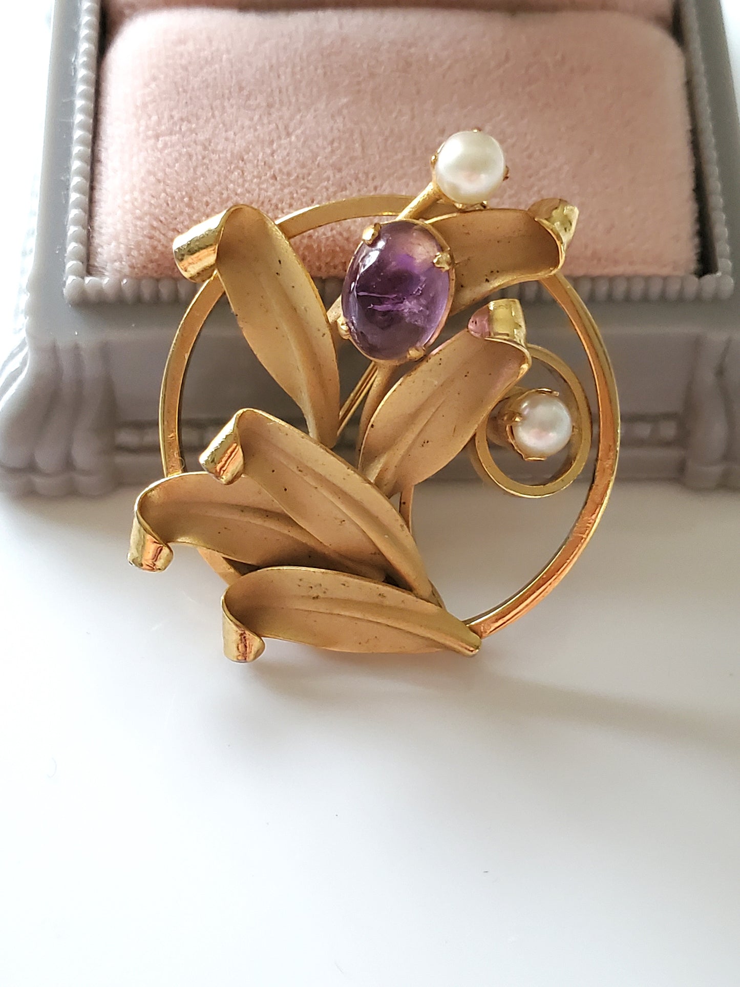 Vintage Purple Stone and Pearl Lily Brooch