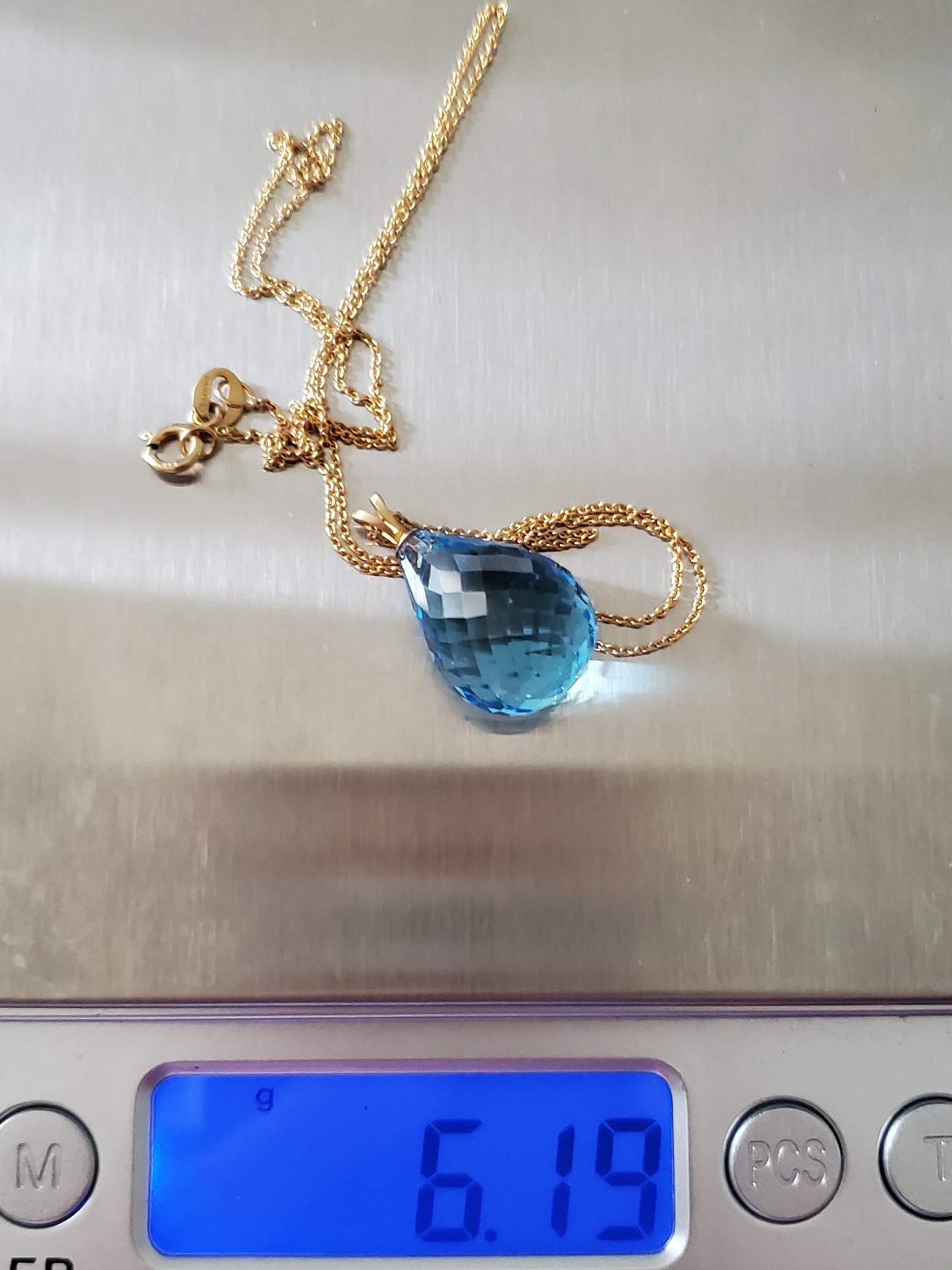 14K Gold Briolette Cut Blue Topaz Necklace