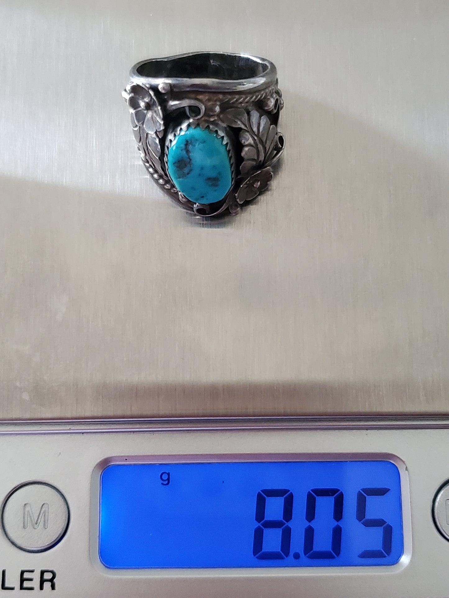 Beautiful Sterling Silver Navajo Turquoise Floral Ring