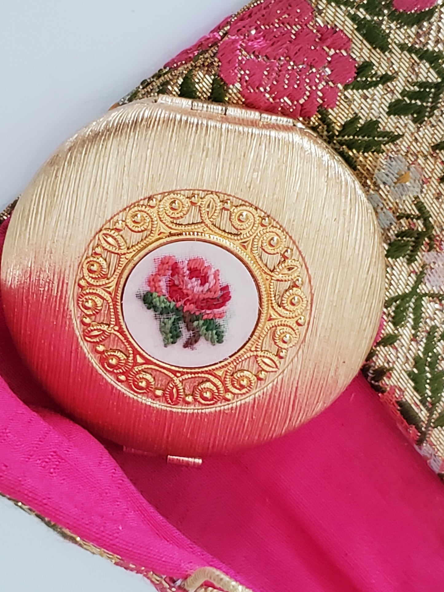 Mid-century Revlon Embroidered Goldtone Compact with Purse/Case