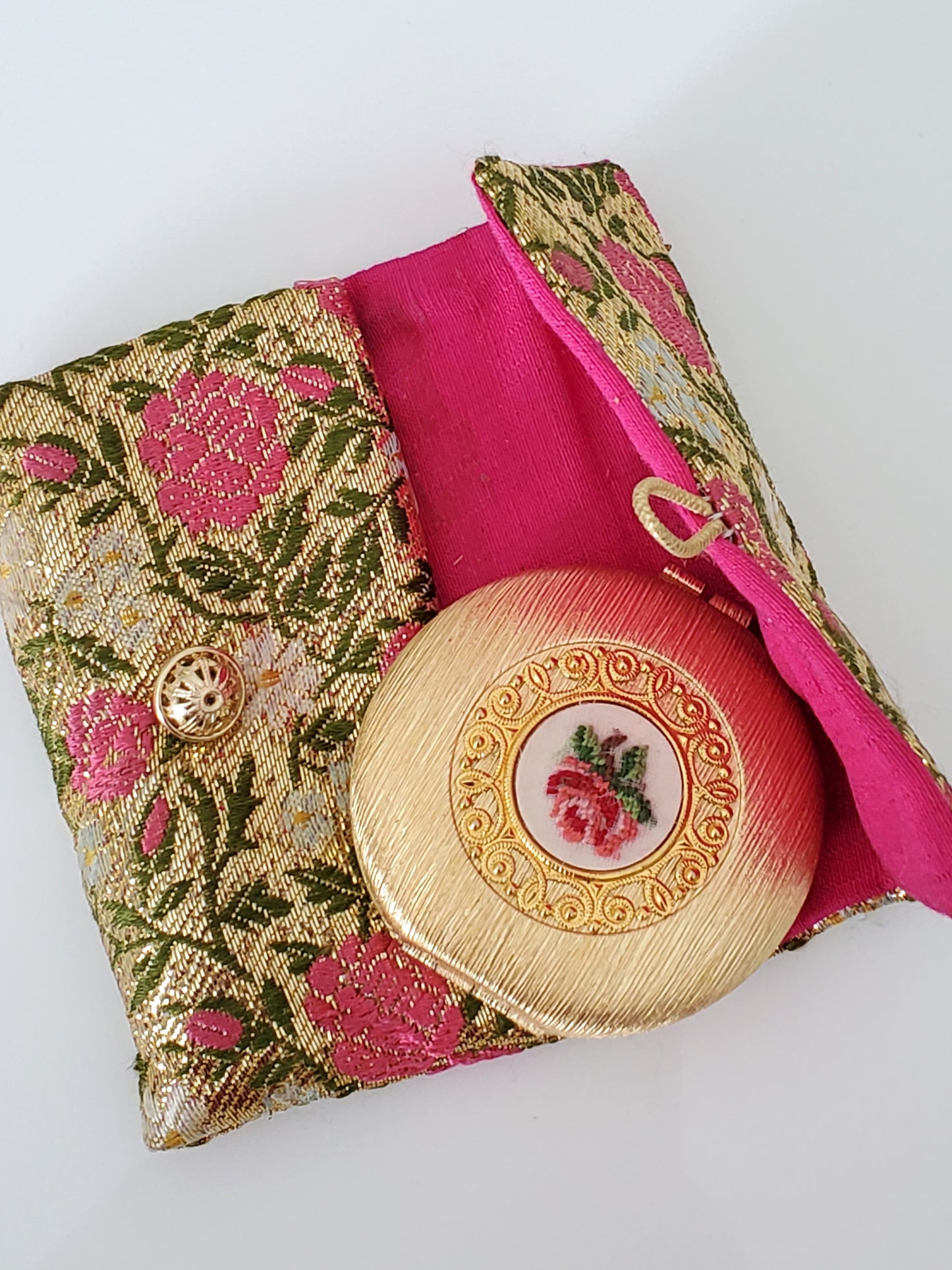 Mid-century Revlon Embroidered Goldtone Compact with Purse/Case