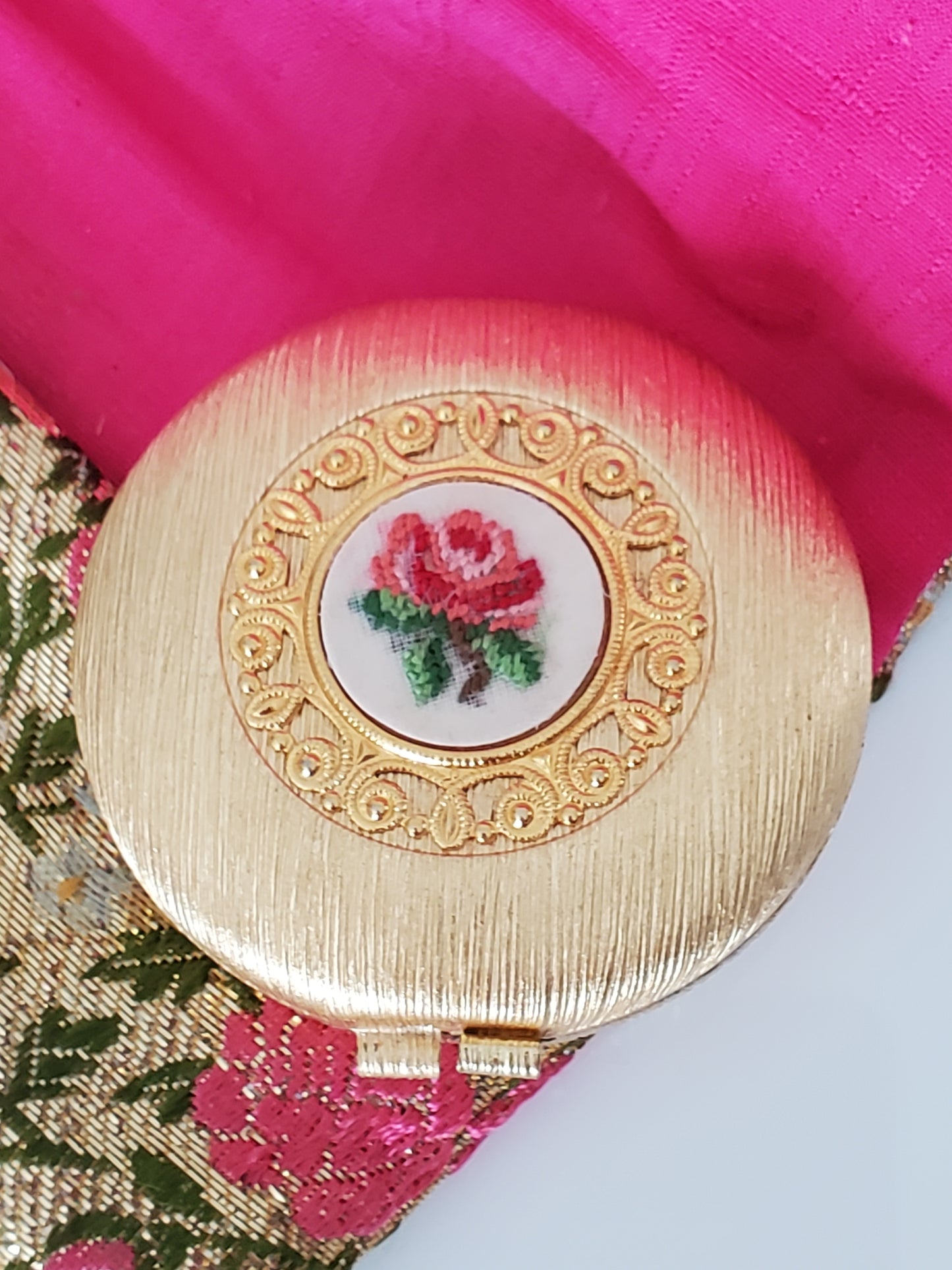 Mid-century Revlon Embroidered Goldtone Compact with Purse/Case