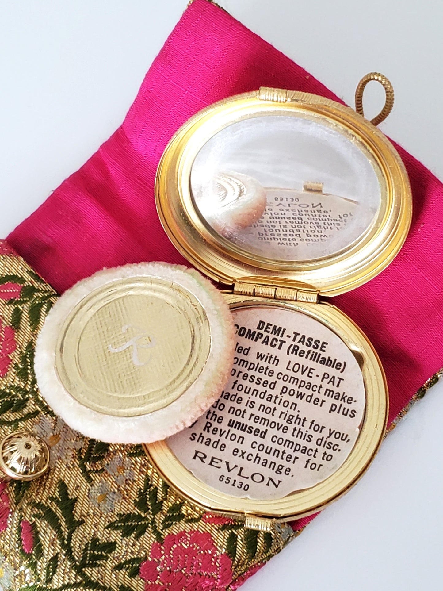 Mid-century Revlon Embroidered Goldtone Compact with Purse/Case