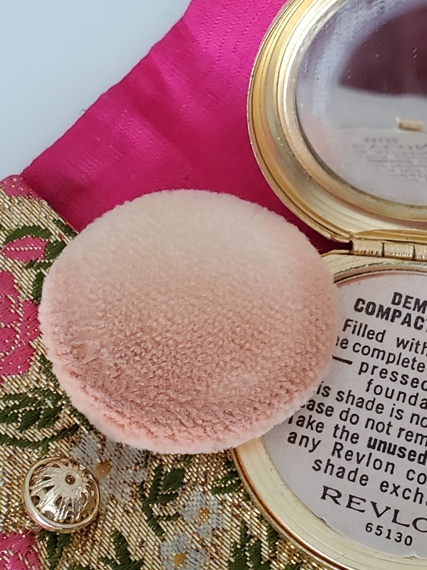 Mid-century Revlon Embroidered Goldtone Compact with Purse/Case