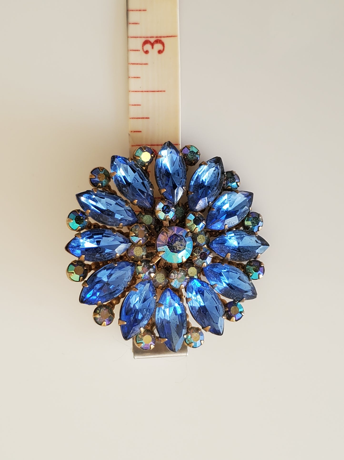 Vintage Blue AB Rhinestone Flower Brooch