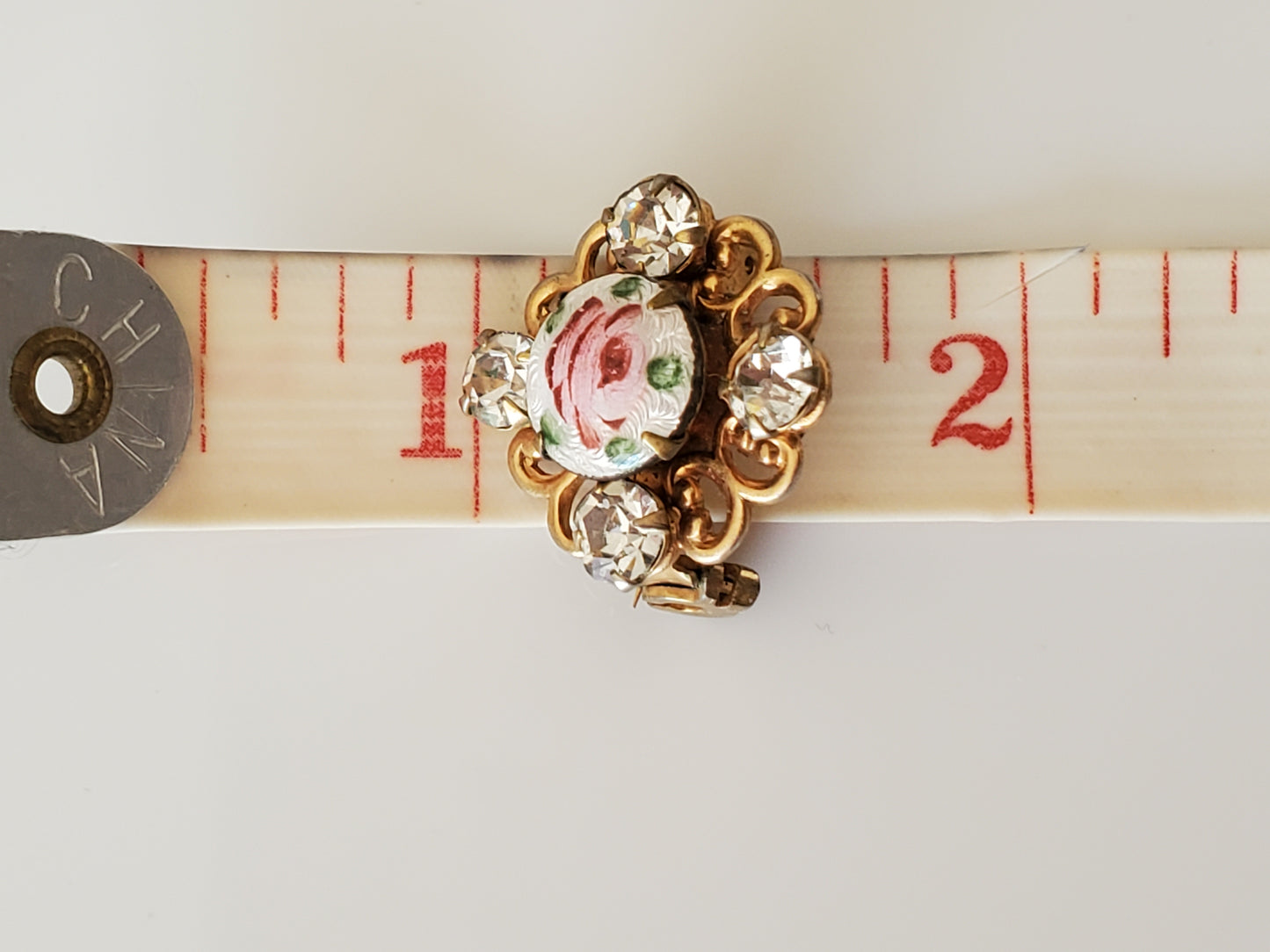 Vintage Petite Guilloche Cameo Rose Rhinestone Brooch Pin