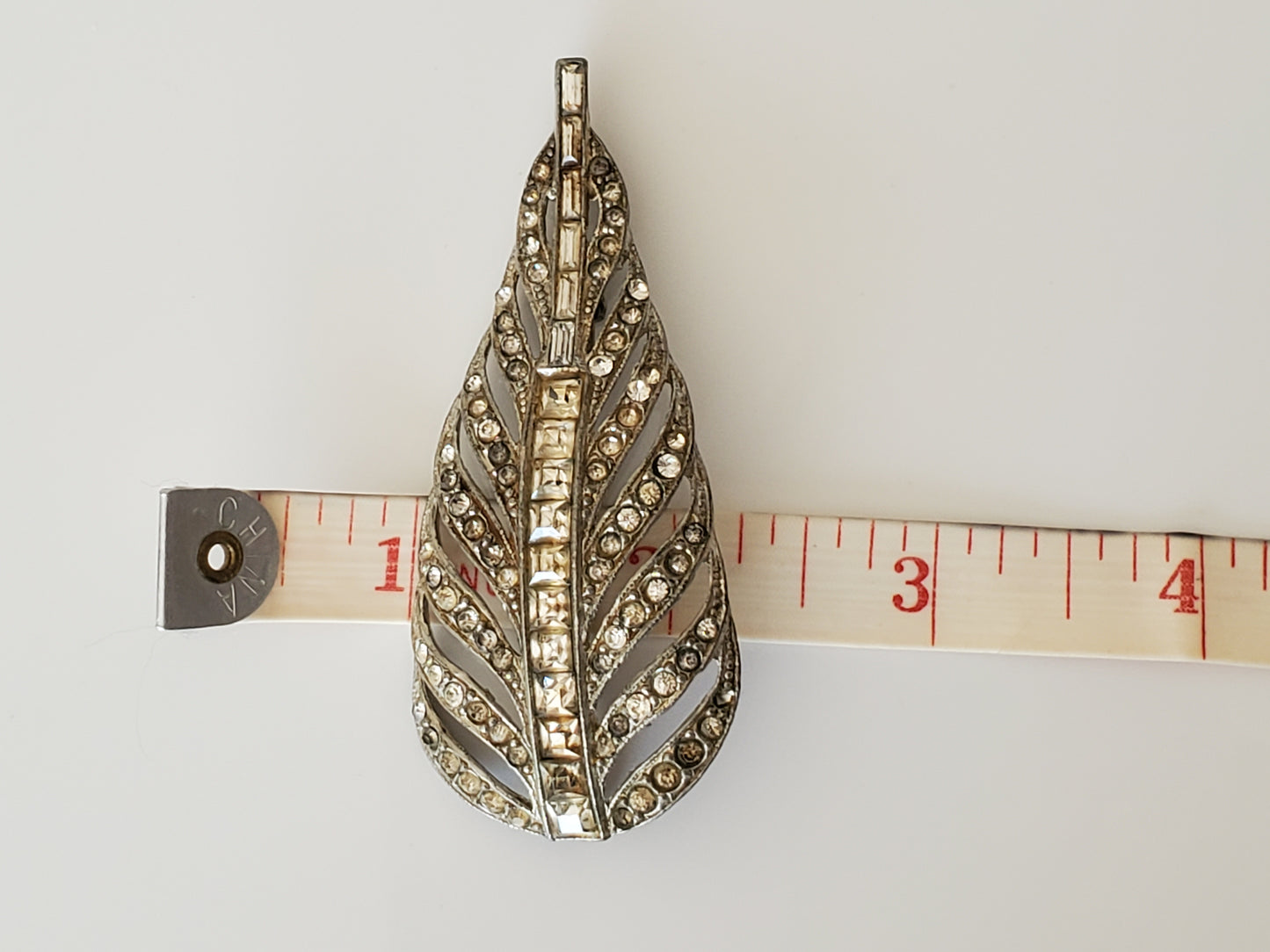 Vintage Art Deco Large Rhinestone Feather Brooch