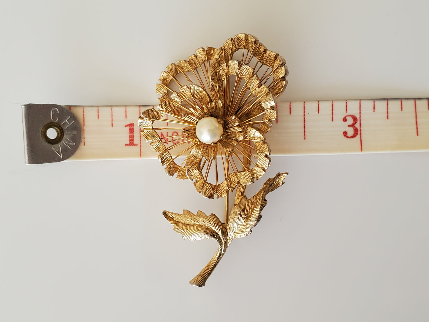 Vintage Mid-Century Brooks Designer Wire and Faux Pearl Flower Brooch Pin