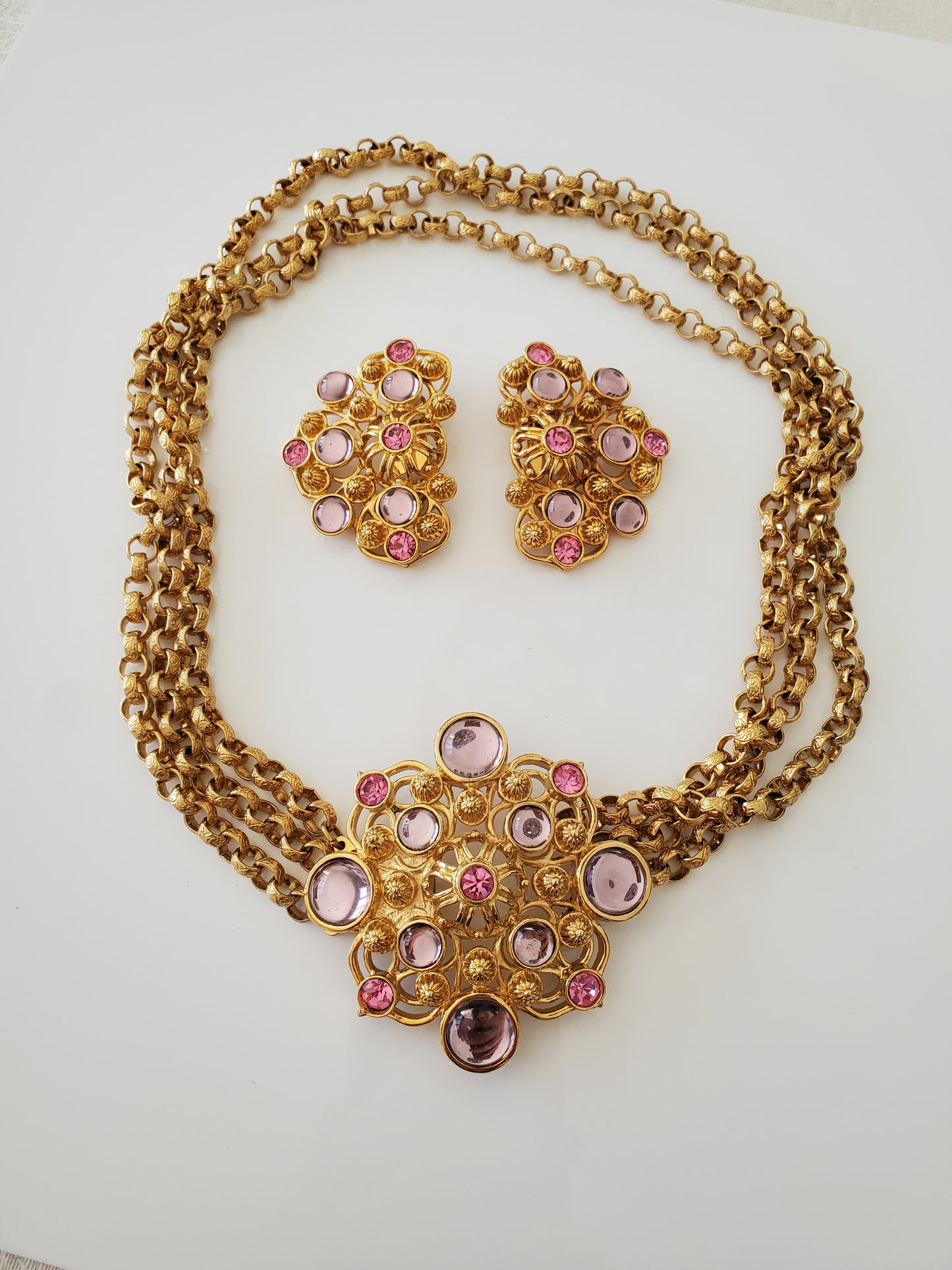 BARRERA for AVON Vintage 1992 Marbella Collection Pink And Lavendar Cabochons Moghul Pendant Necklace And Clip Earring Set