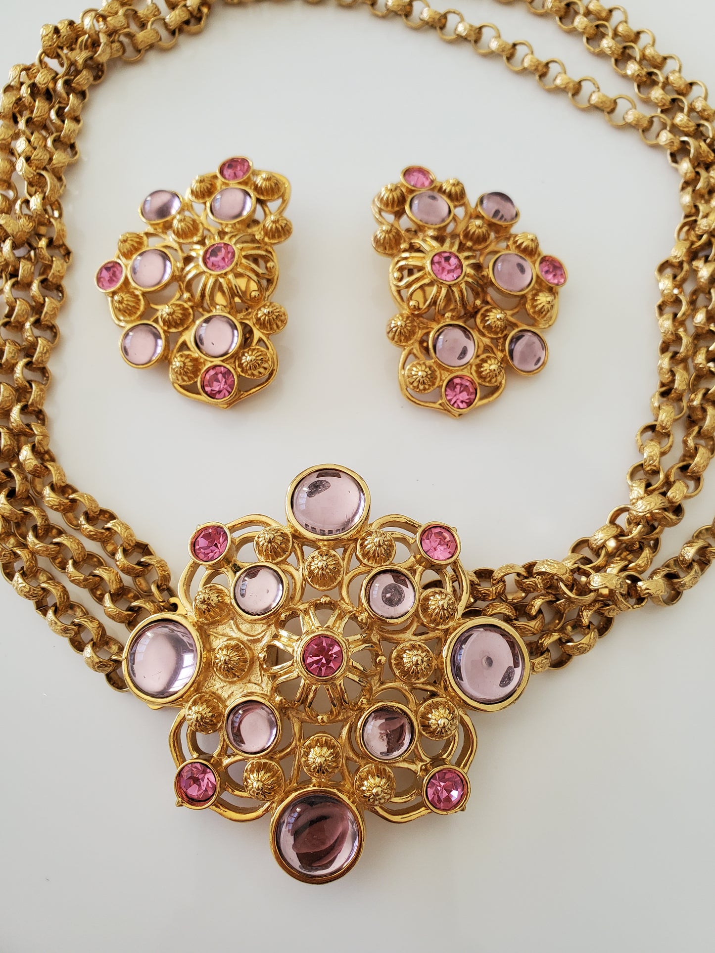 BARRERA for AVON Vintage 1992 Marbella Collection Pink And Lavendar Cabochons Moghul Pendant Necklace And Clip Earring Set